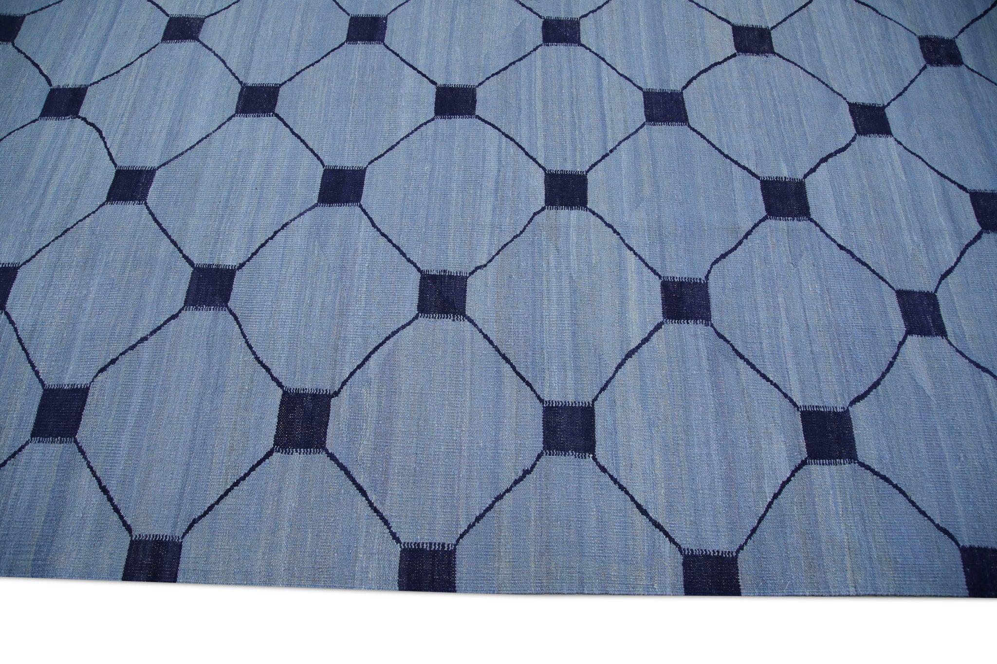 Türkischer Kilim-Teppich Blau Marine Geometrisch Wolle Flachgewebe 10'5