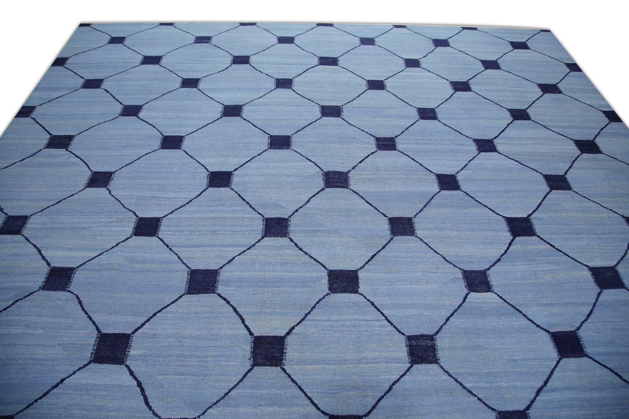 Türkischer Kilim-Teppich Blau Marine Geometrisch Wolle Flachgewebe 10'5