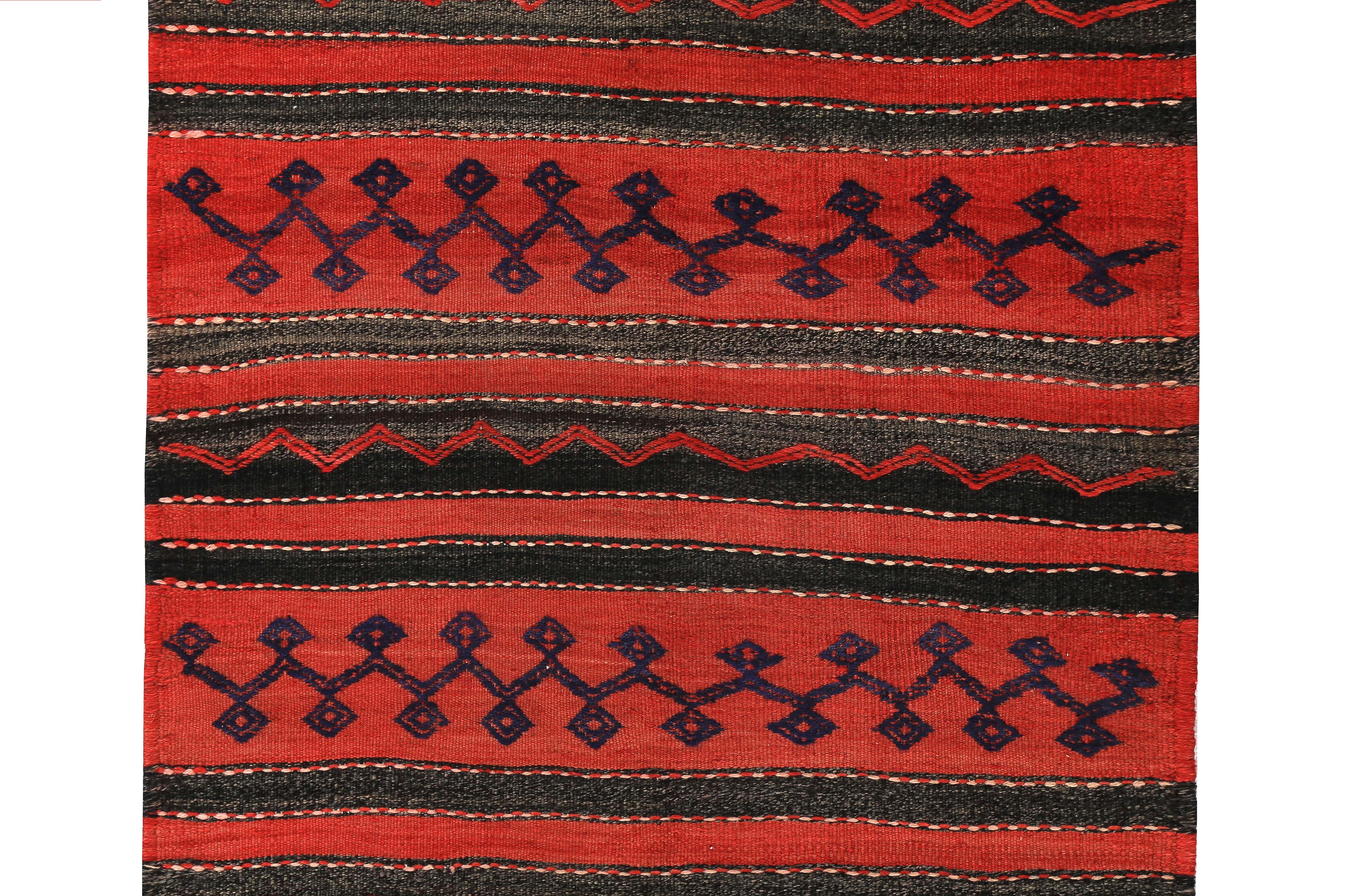 Hand-Woven Turkish Kilim Rug in Red Black and Tribal Stripes in Navy For Sale