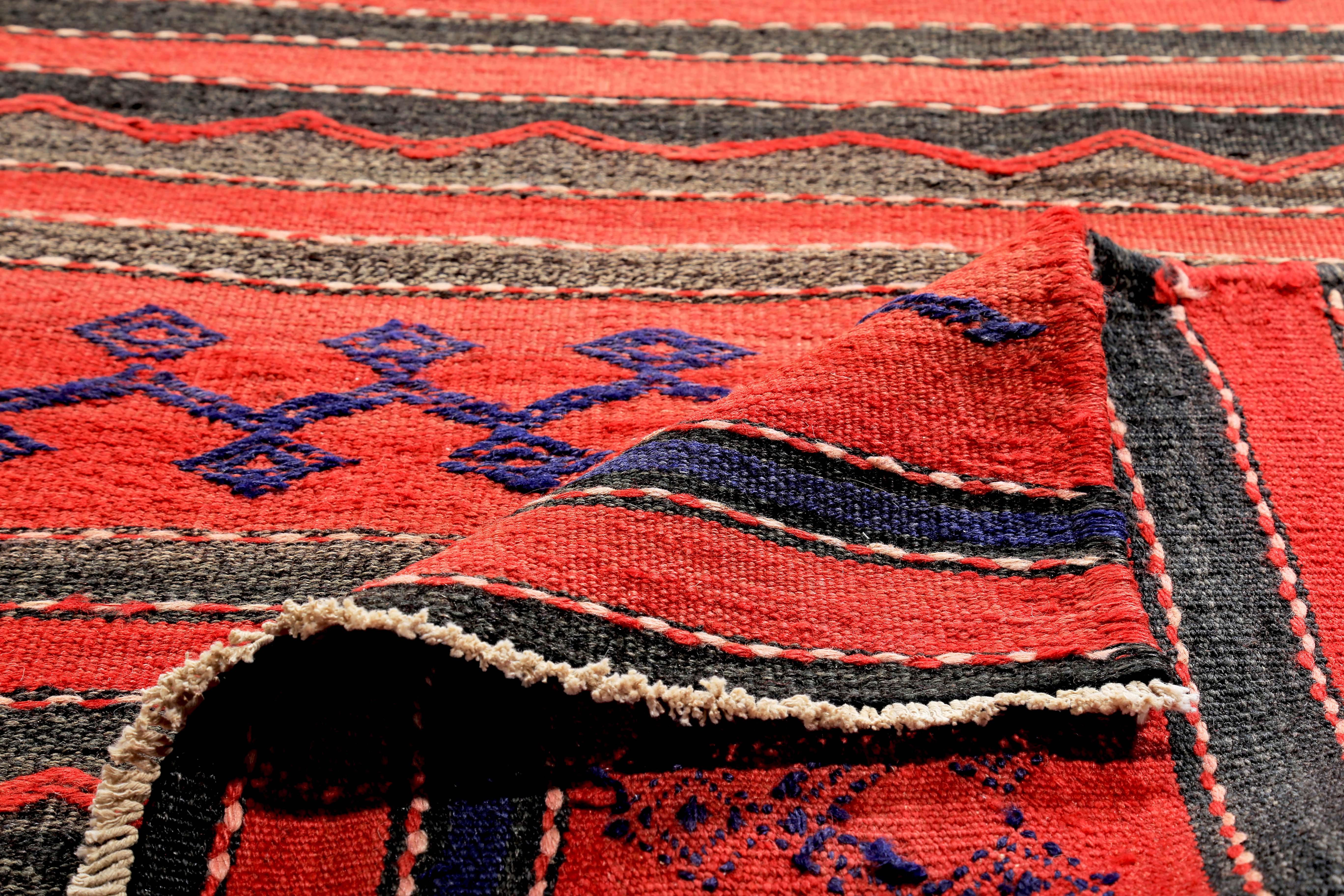 Turkish Kilim Rug in Red Black and Tribal Stripes in Navy In New Condition For Sale In Dallas, TX