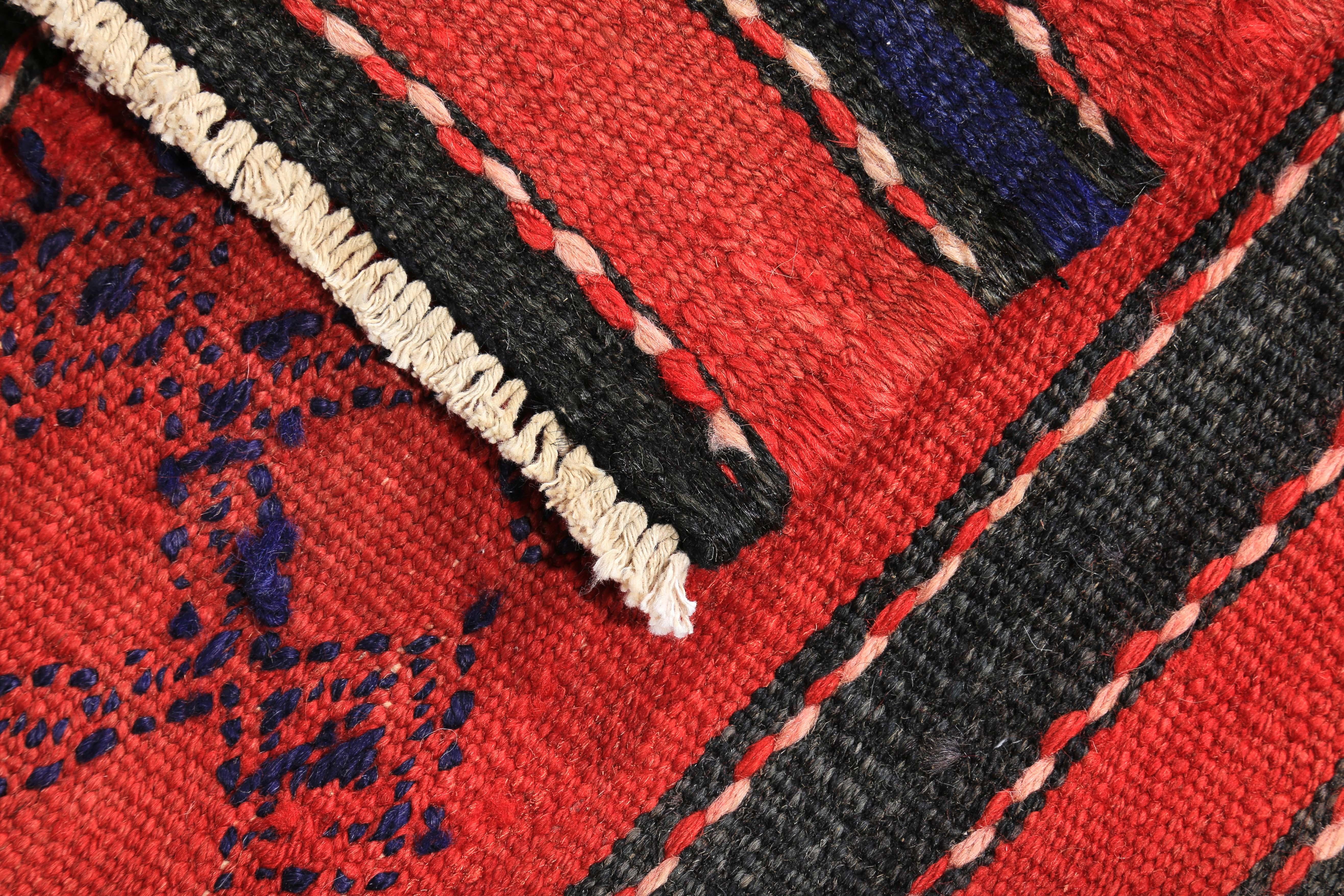 Contemporary Turkish Kilim Rug in Red Black and Tribal Stripes in Navy For Sale