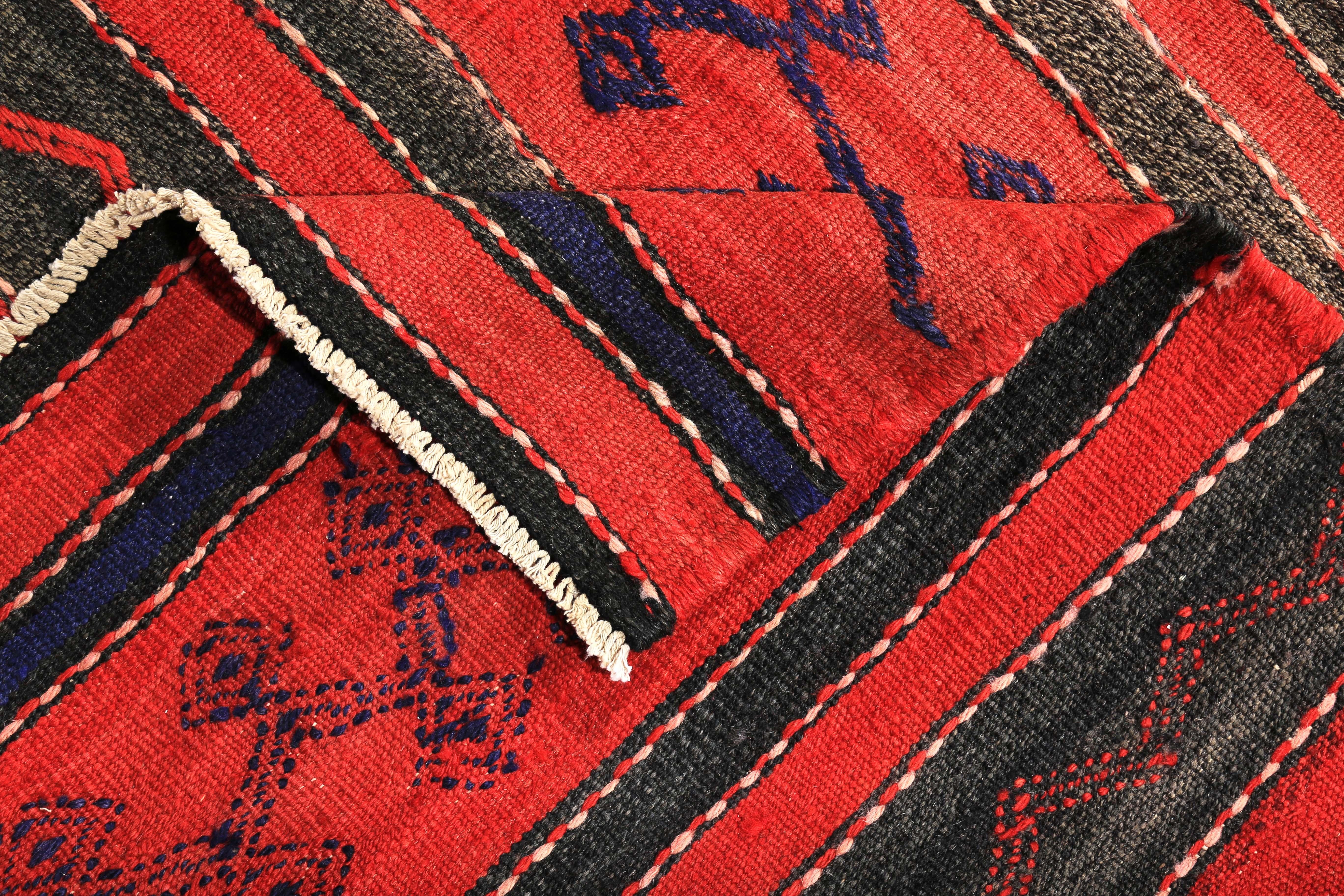 Wool Turkish Kilim Rug in Red Black and Tribal Stripes in Navy For Sale
