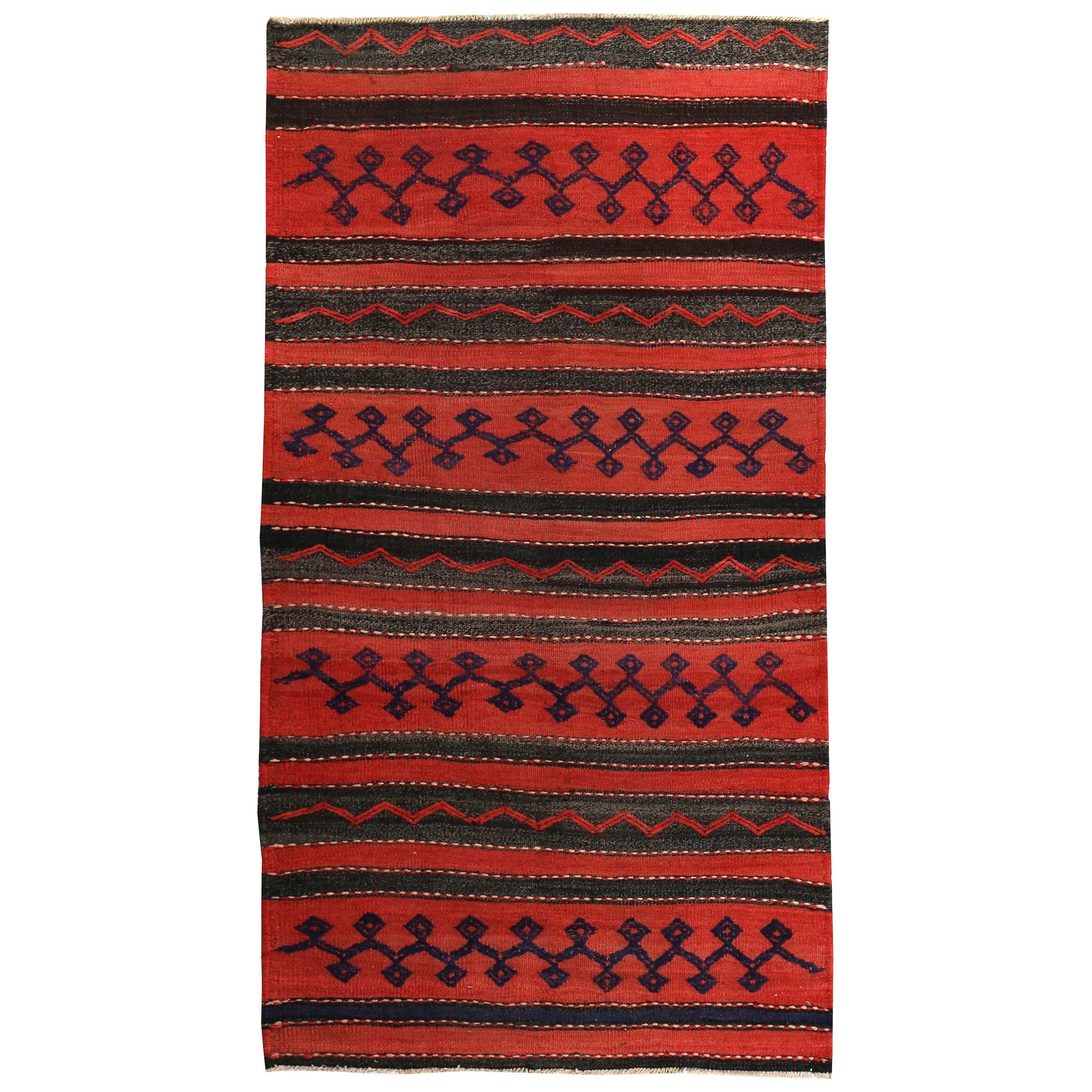 Turkish Kilim Rug in Red Black and Tribal Stripes in Navy For Sale
