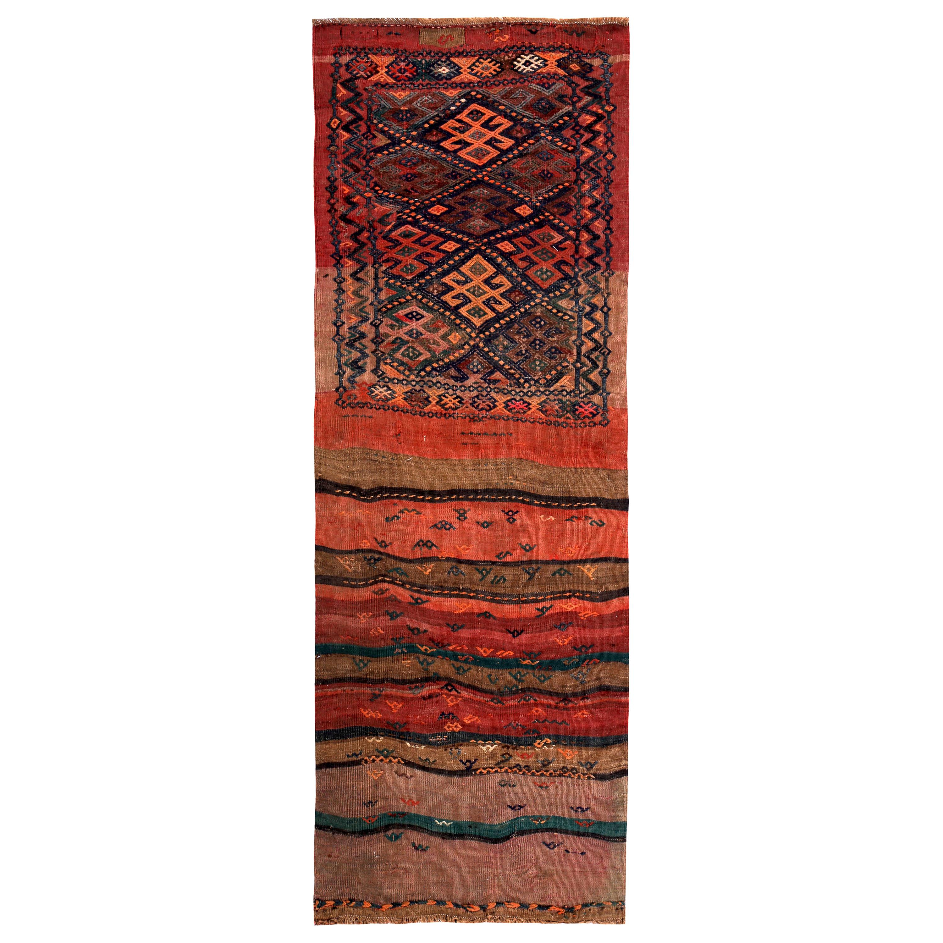 Turkish Kilim Rug in Red Orange and Tribal Stripes in Green and Brown For Sale