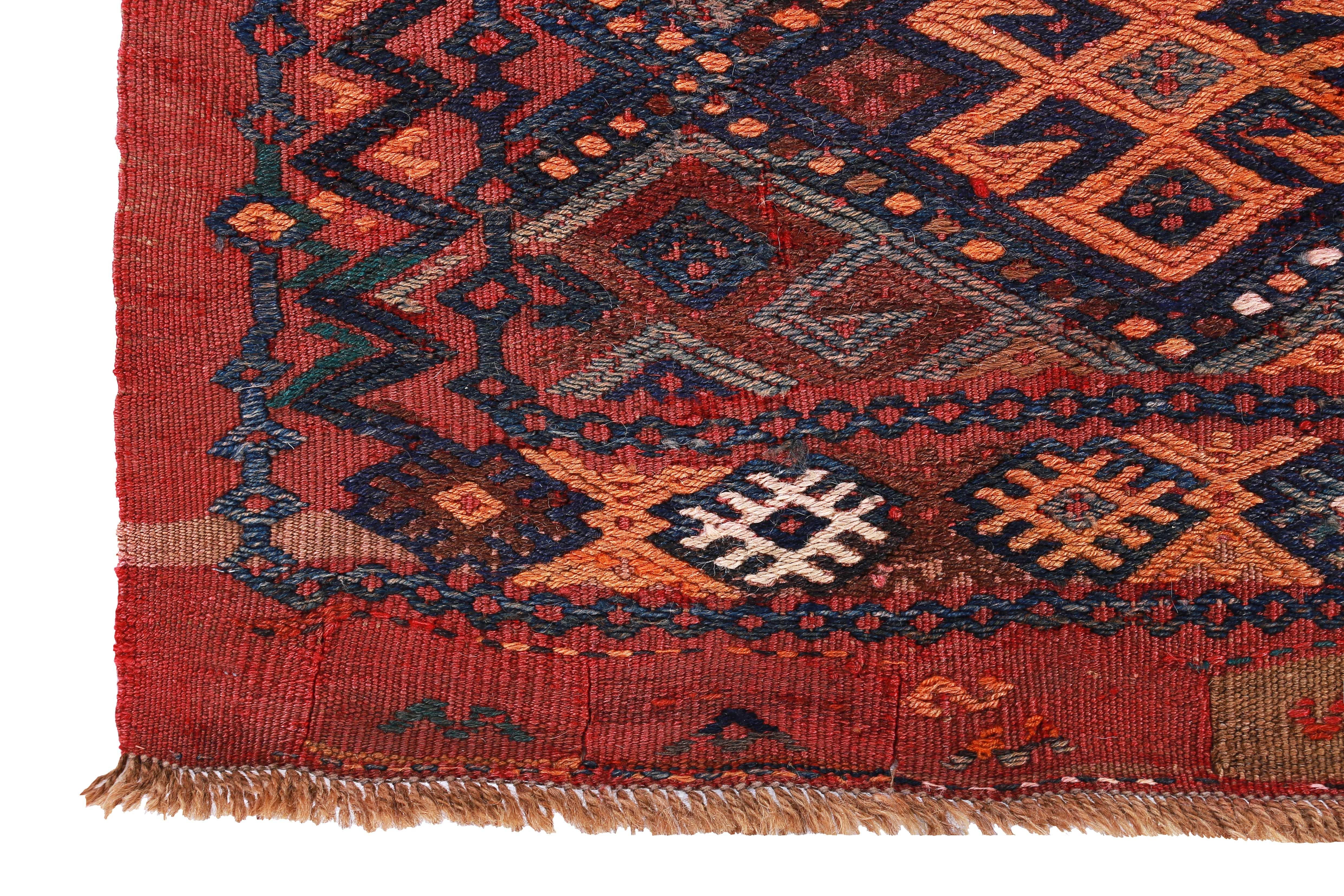 Hand-Woven Turkish Kilim Rug in Red Orange and Tribal Stripes in Green and Brown For Sale