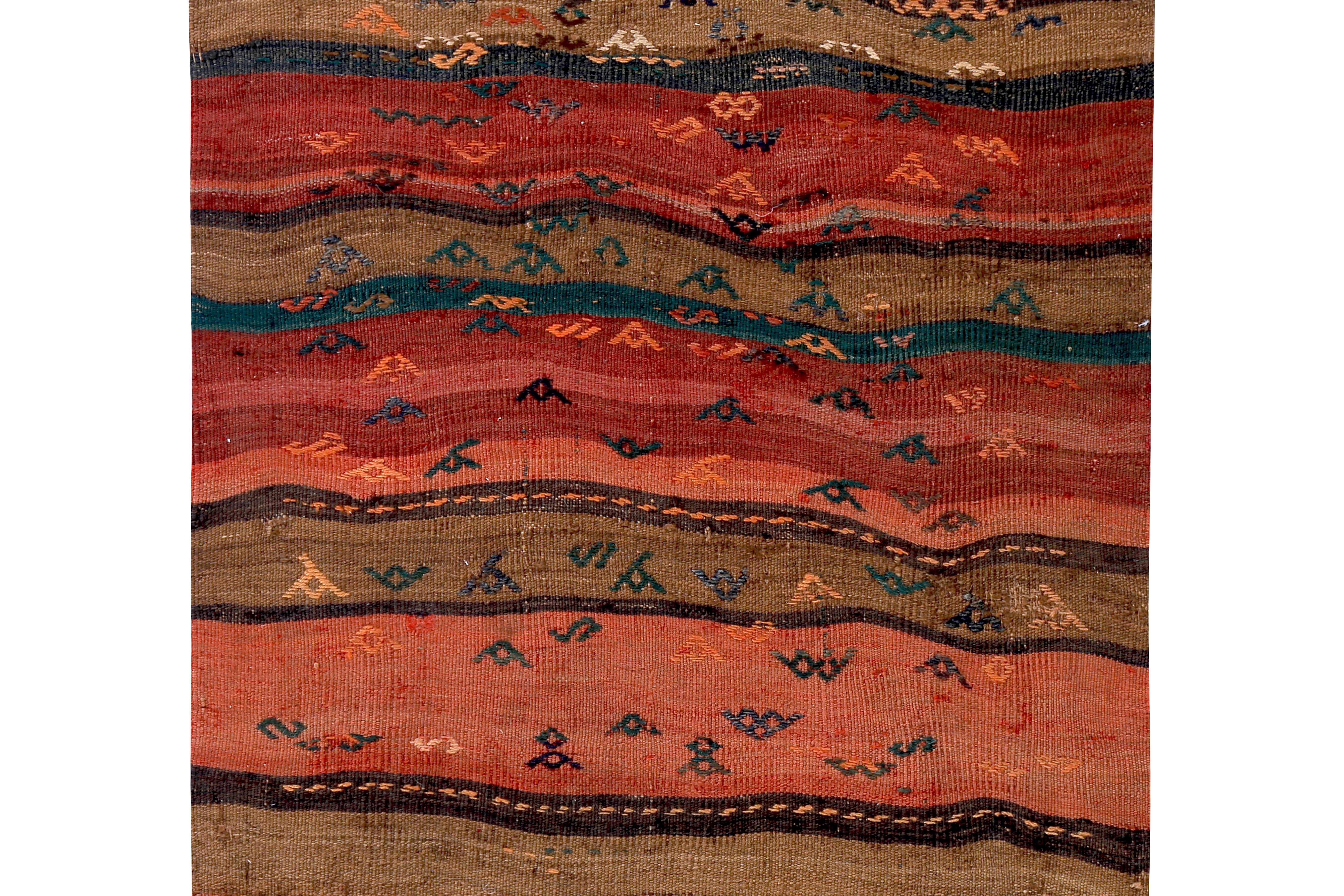 Turkish Kilim Rug in Red Orange and Tribal Stripes in Green and Brown In New Condition For Sale In Dallas, TX