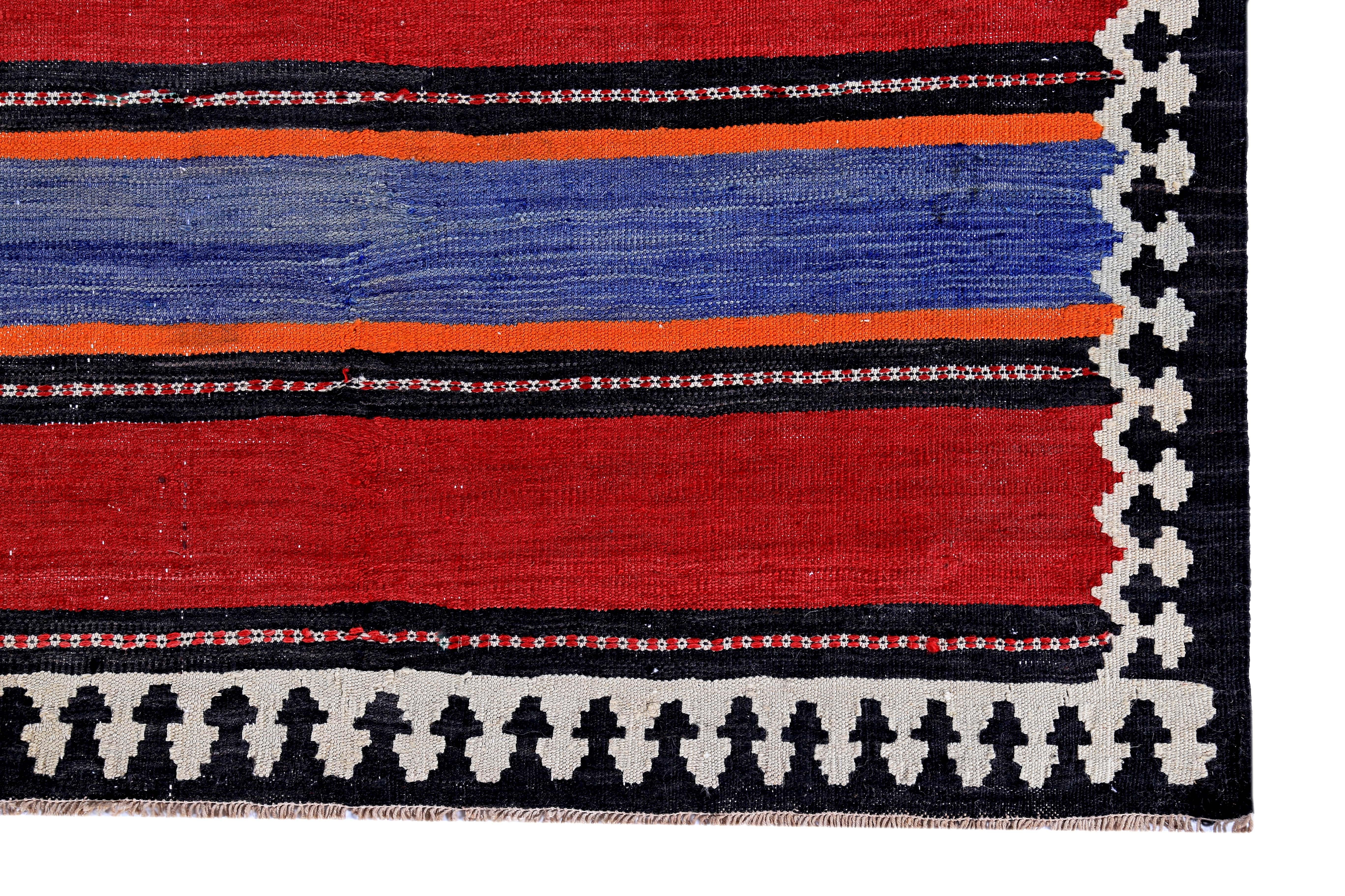 Hand-Woven Turkish Kilim Rug in Red, White and Navy Tribal Stripes in Black Field For Sale