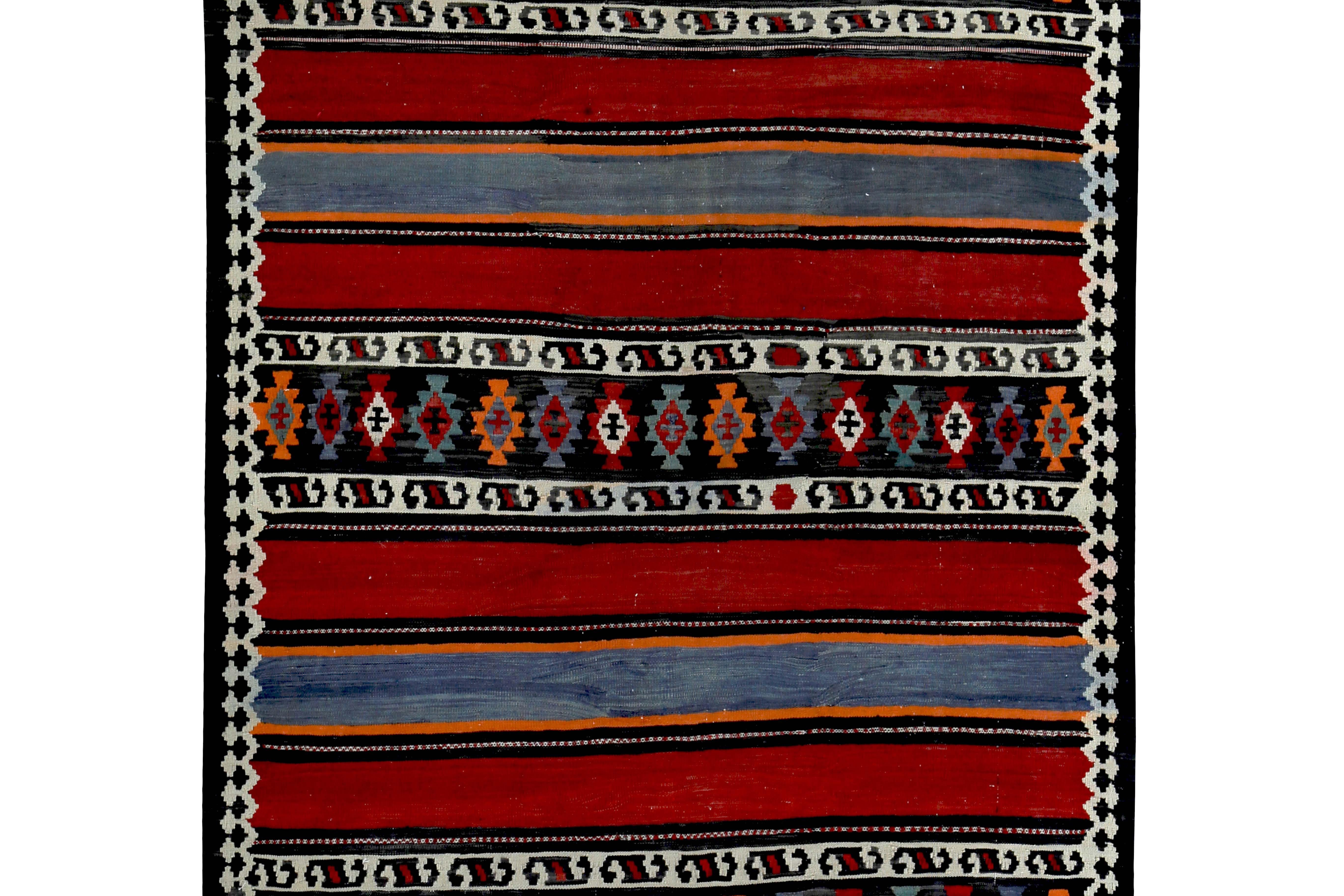 Turkish Kilim Rug in Red, White and Navy Tribal Stripes in Black Field In New Condition For Sale In Dallas, TX