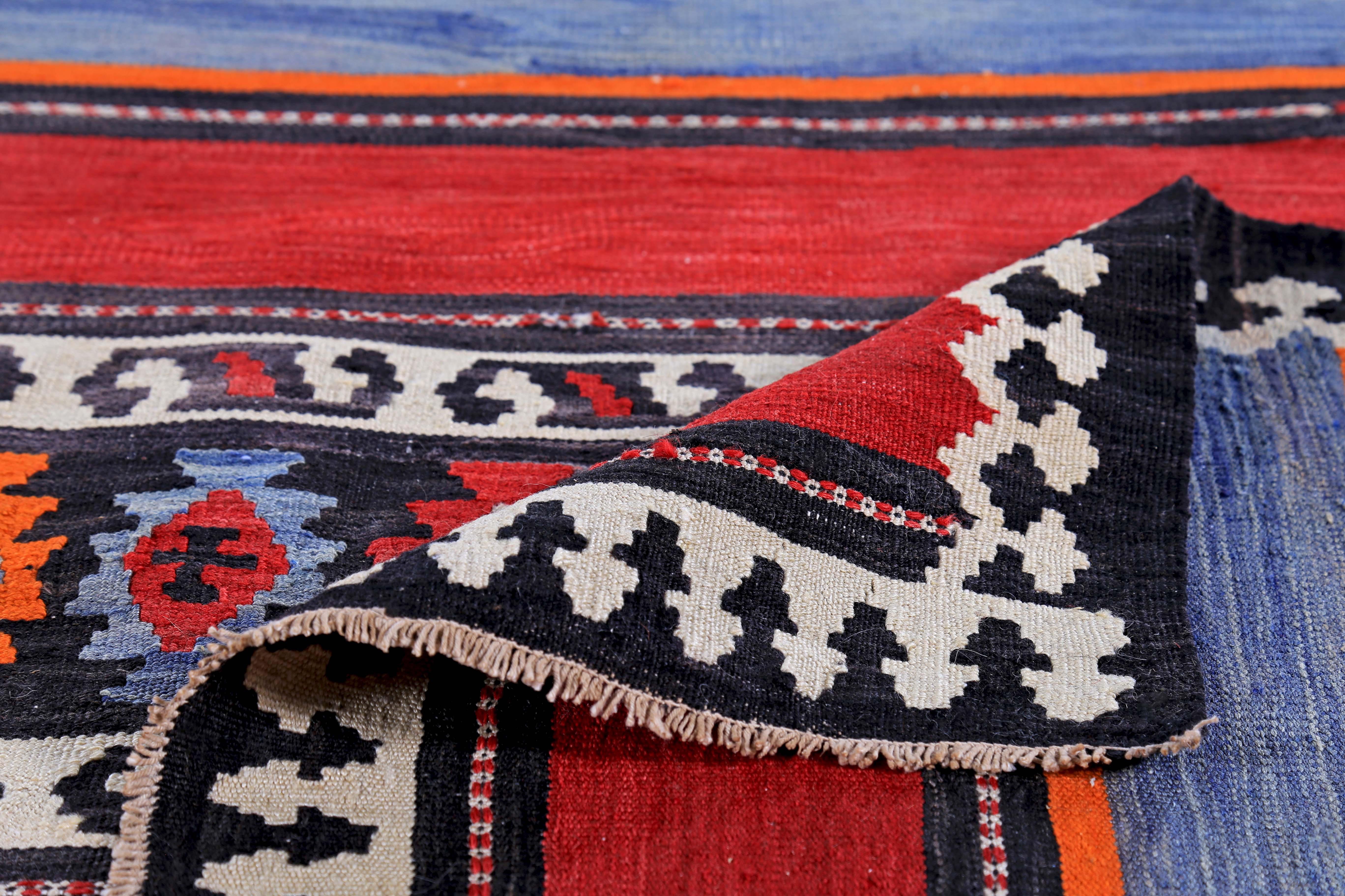 Contemporary Turkish Kilim Rug in Red, White and Navy Tribal Stripes in Black Field For Sale