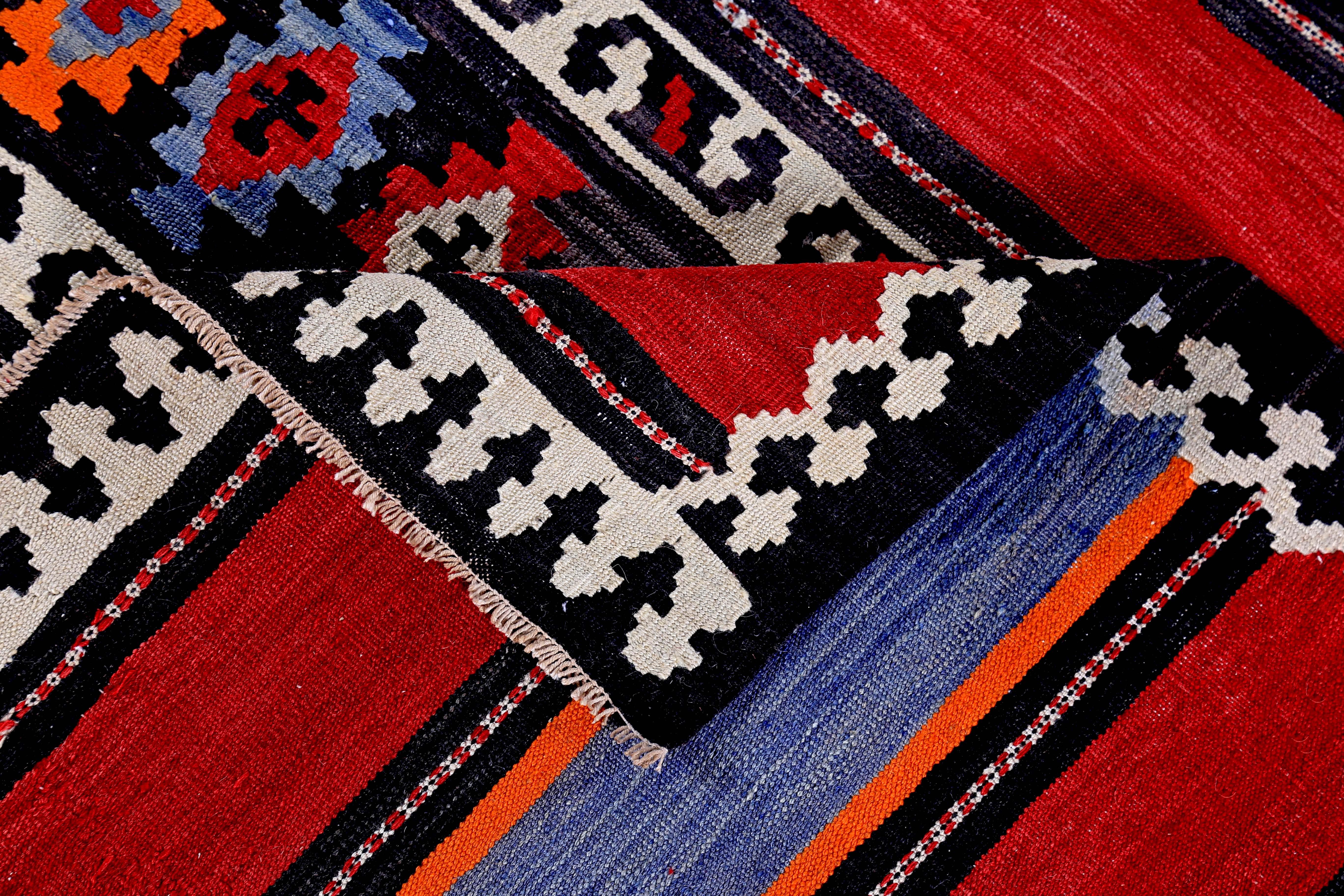 Turkish Kilim Rug in Red, White and Navy Tribal Stripes in Black Field For Sale 1