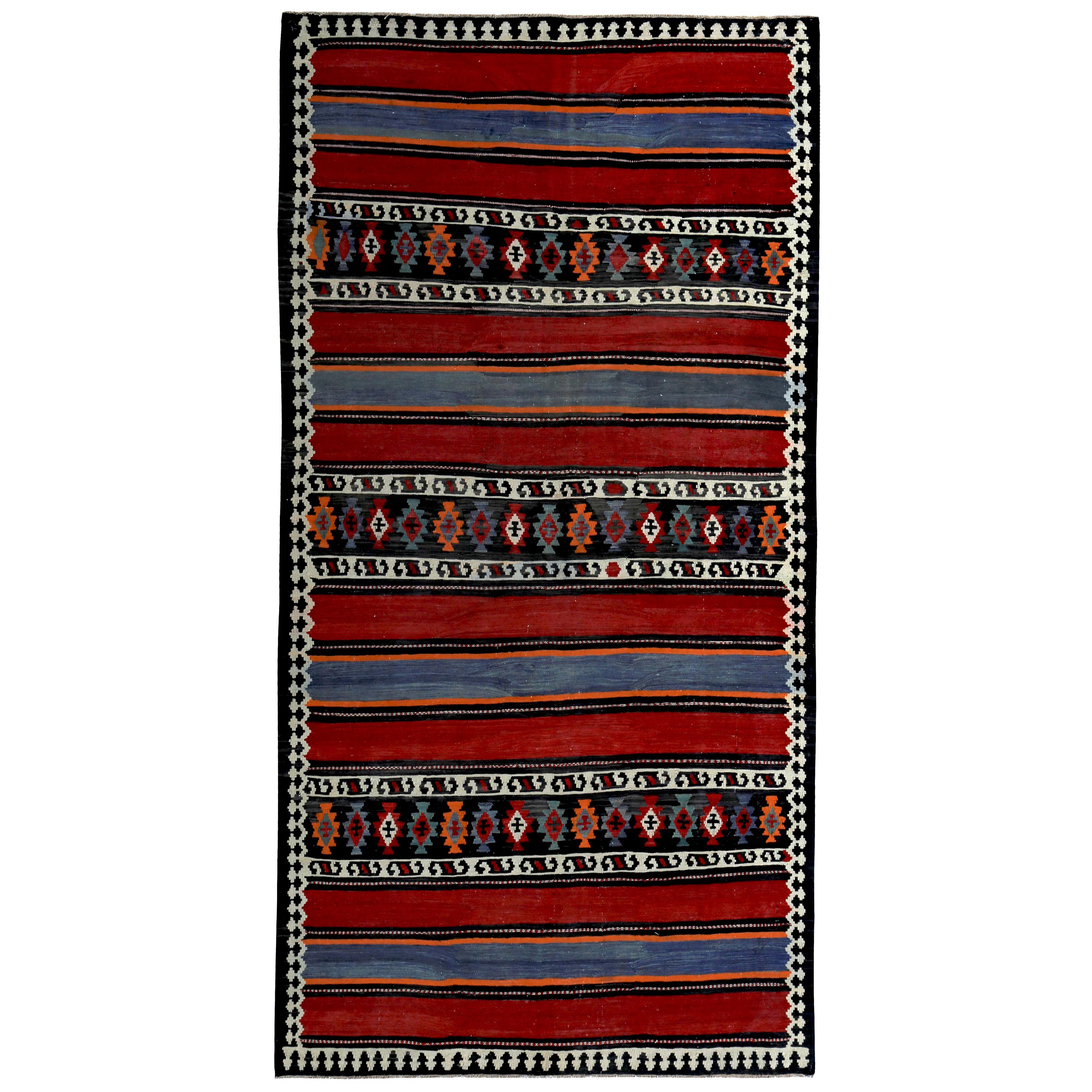 Turkish Kilim Rug in Red, White and Navy Tribal Stripes in Black Field For Sale