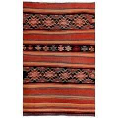 Turkish Kilim Rug Striped in Black and Red with Pink and Blue Tribal Details