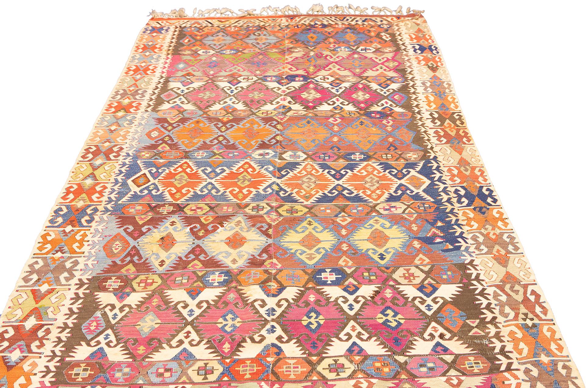 Hand-Knotted Turkish Kilim Rug Vibrant Design For Sale
