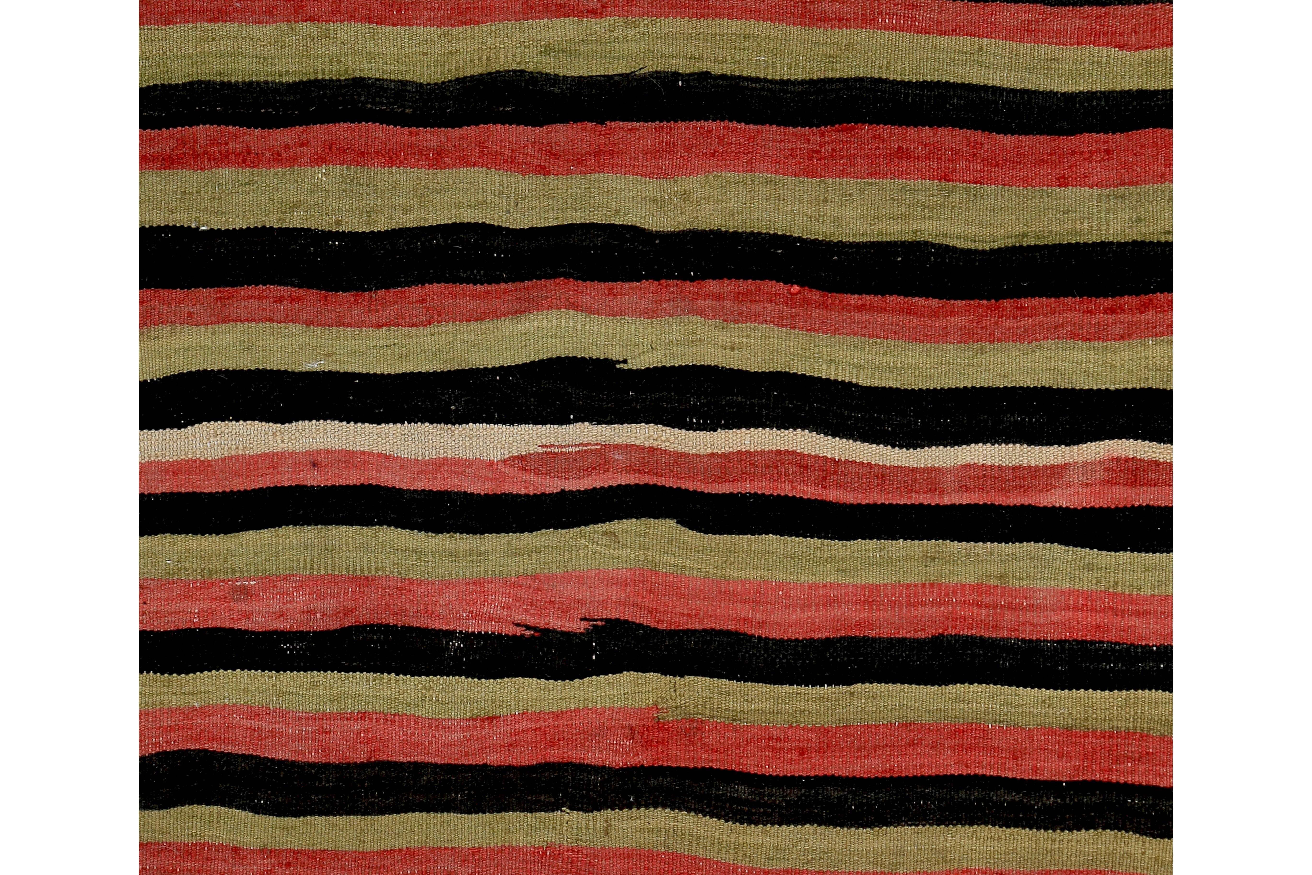 Hand-Woven Turkish Kilim Rug with Black and Red Tribal Stripes on Gold Field For Sale