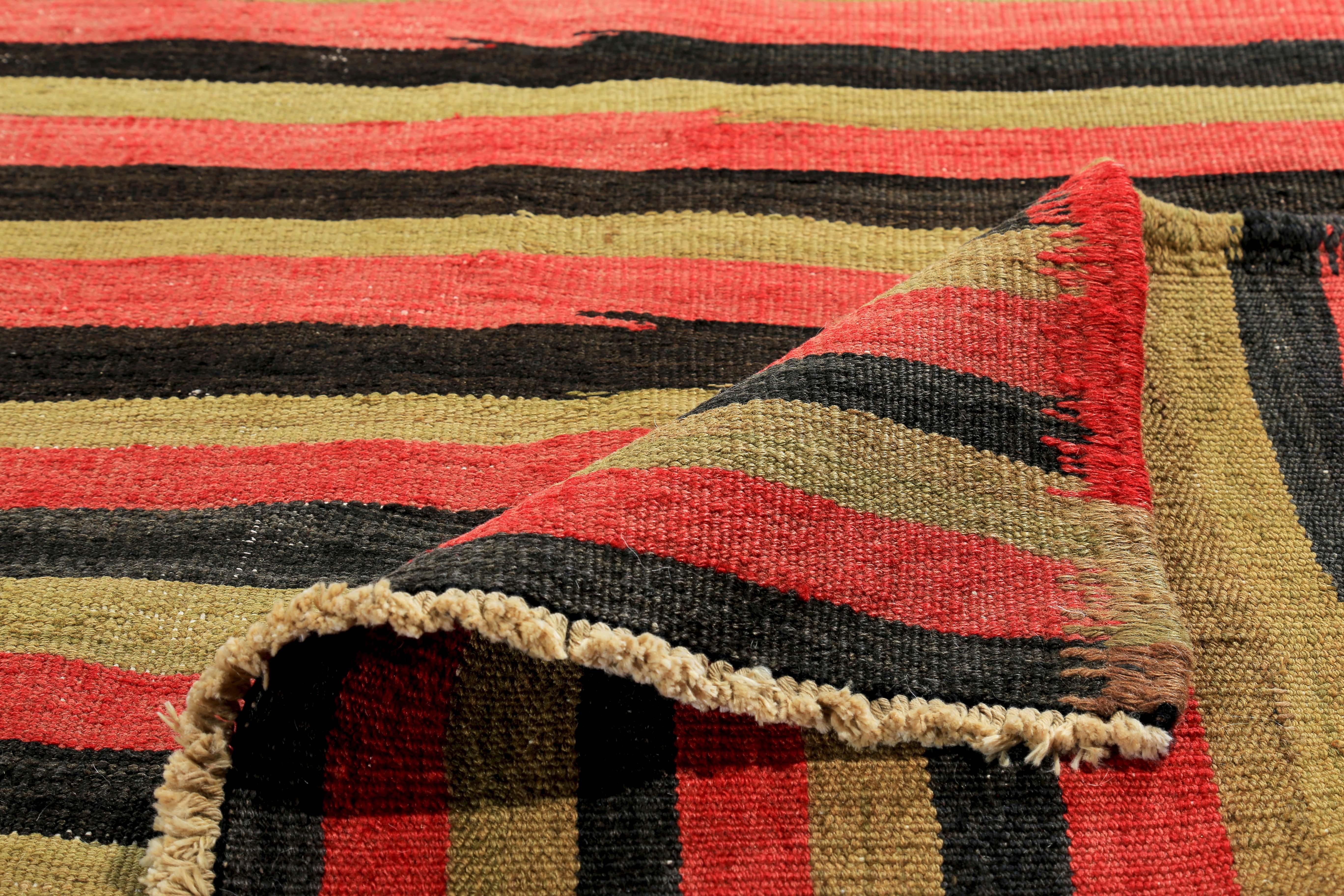 Turkish Kilim Rug with Black and Red Tribal Stripes on Gold Field In New Condition For Sale In Dallas, TX