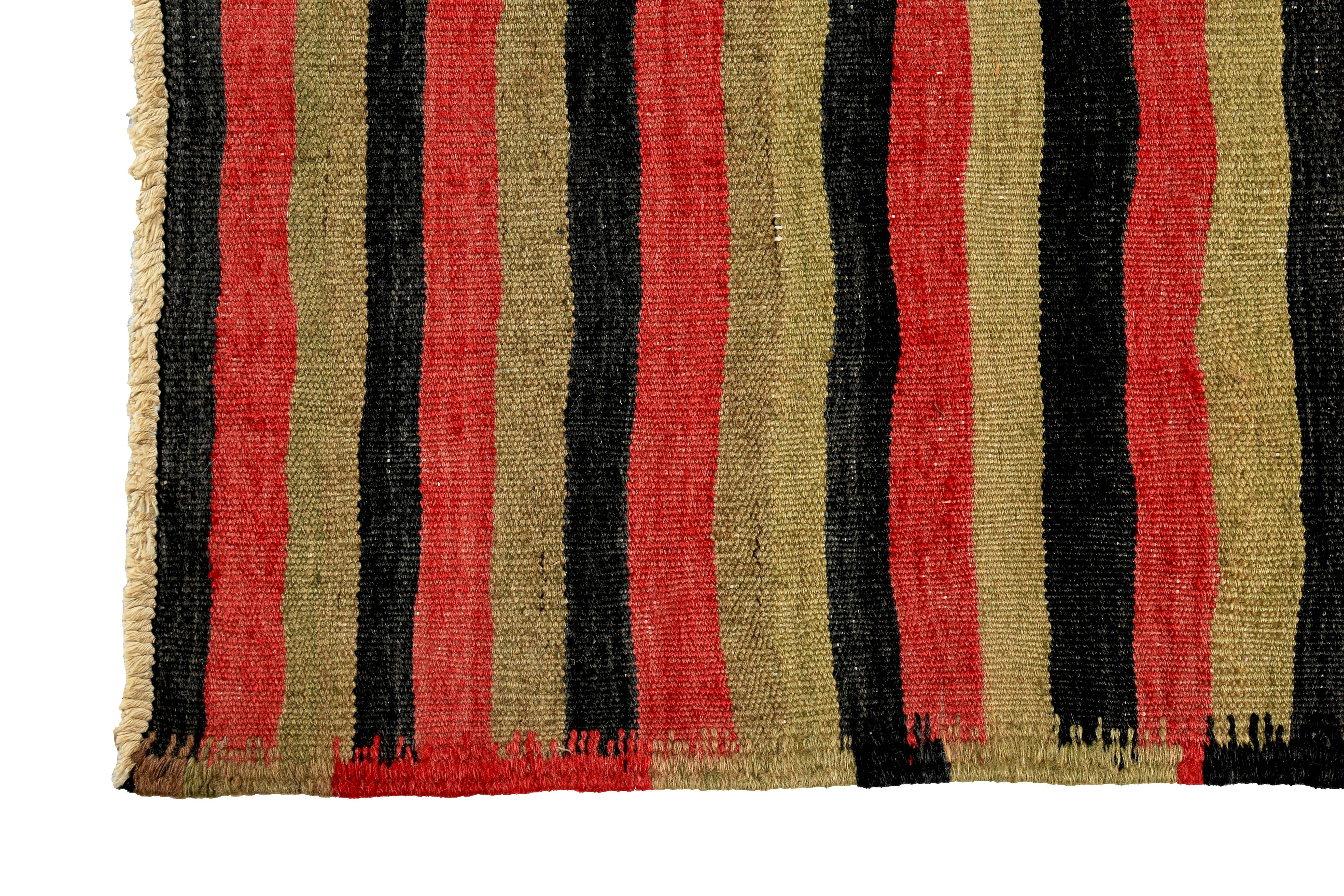 Contemporary Turkish Kilim Rug with Black and Red Tribal Stripes on Gold Field For Sale