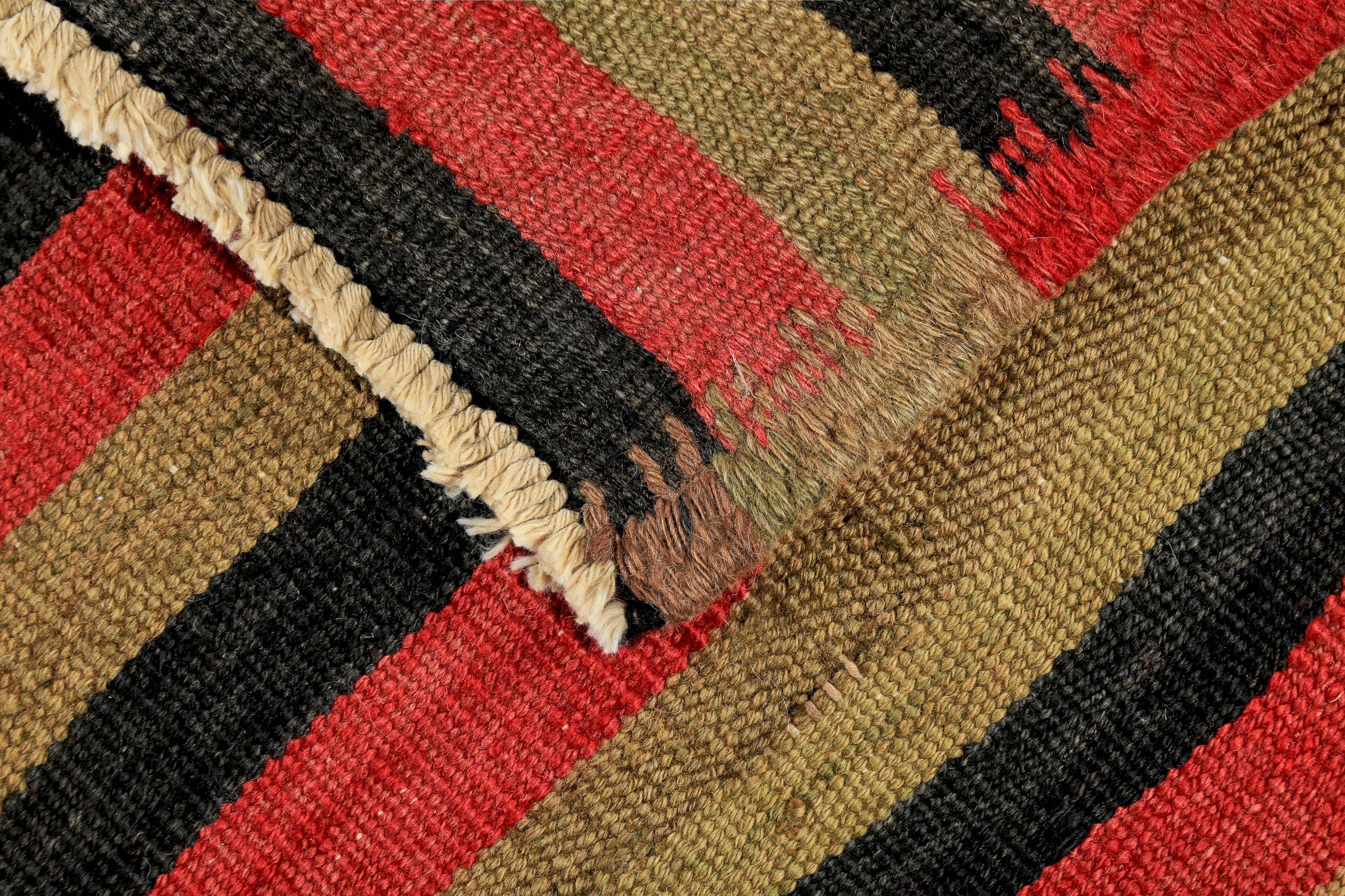 Wool Turkish Kilim Rug with Black and Red Tribal Stripes on Gold Field For Sale