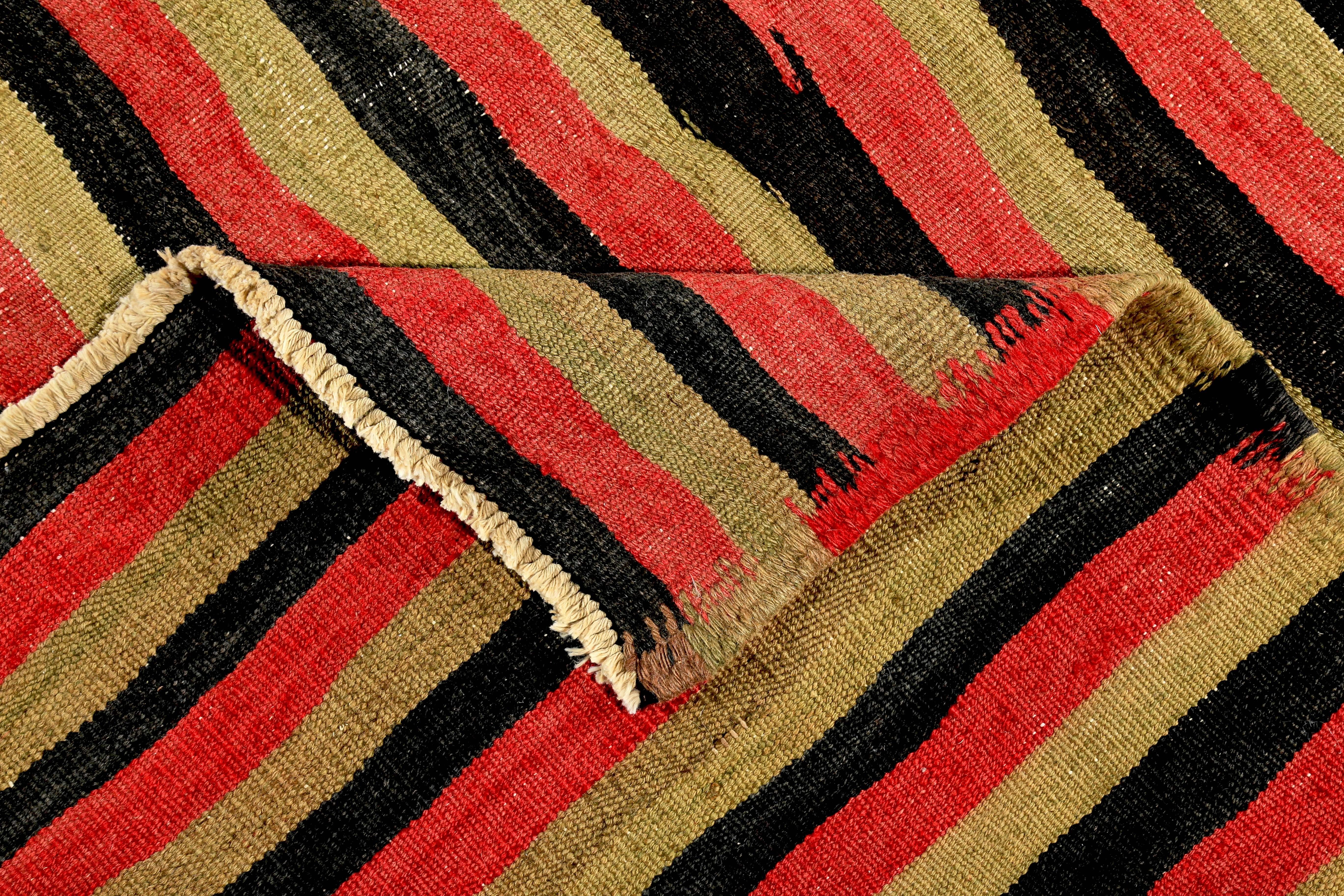Turkish Kilim Rug with Black and Red Tribal Stripes on Gold Field For Sale 1