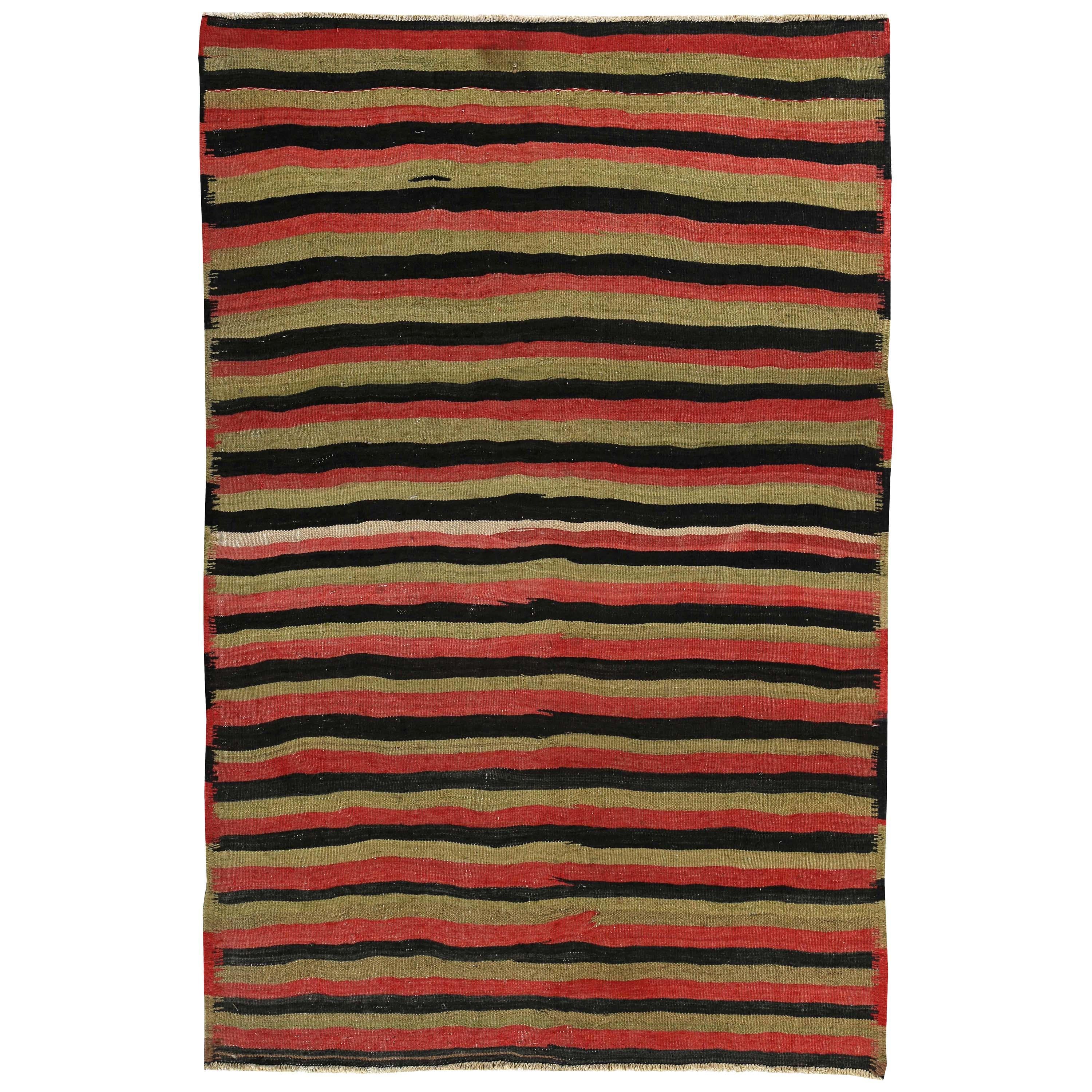 Turkish Kilim Rug with Black and Red Tribal Stripes on Gold Field For Sale