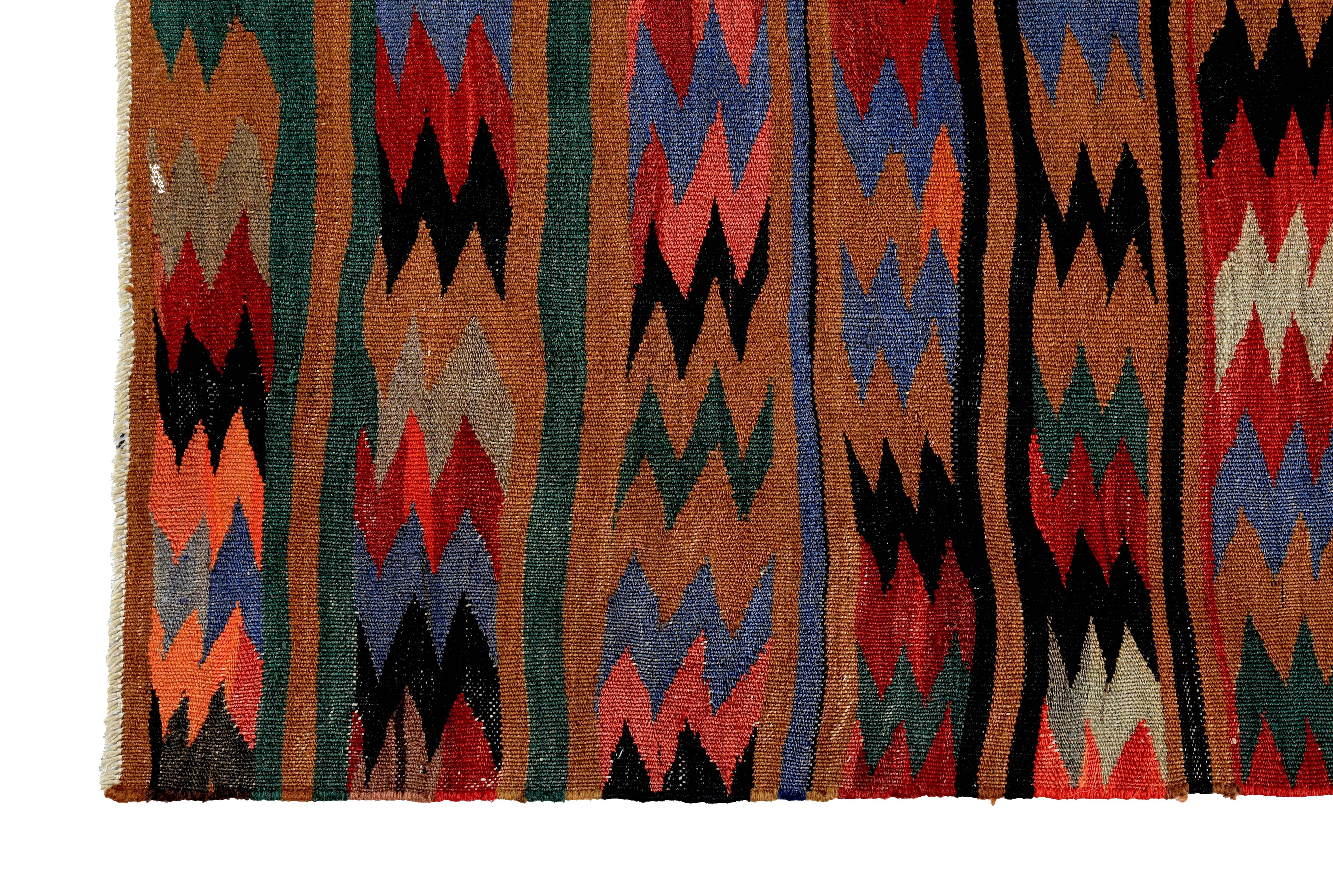 Turkish Kilim Rug with Colored Zig Zag Stripes on Red Field In New Condition For Sale In Dallas, TX