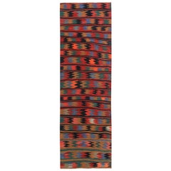 Turkish Kilim Rug with Colored Zig Zag Stripes on Red Field