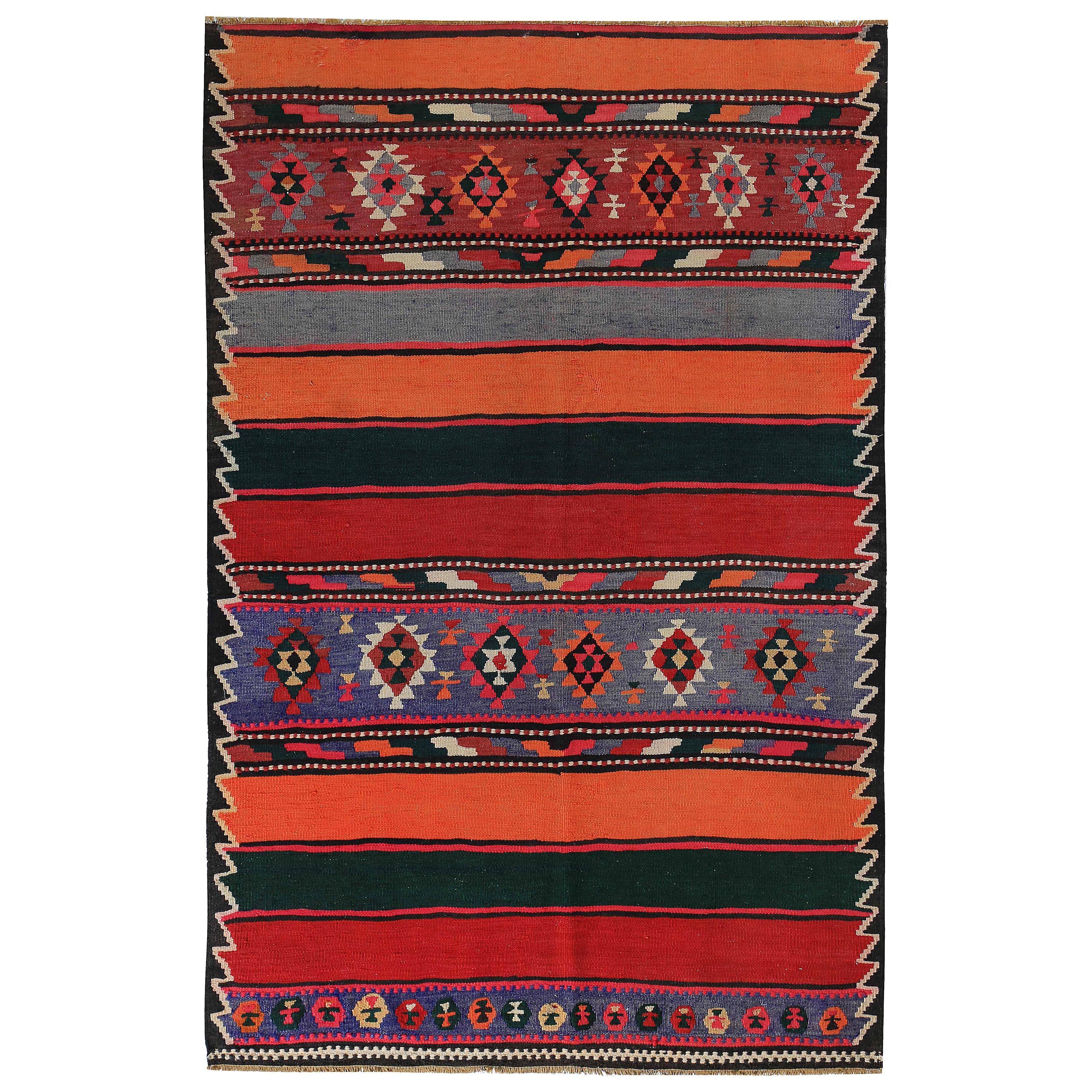 Turkish Kilim Rug with Green and Red Stripes Decorated with Tribal Medallions
