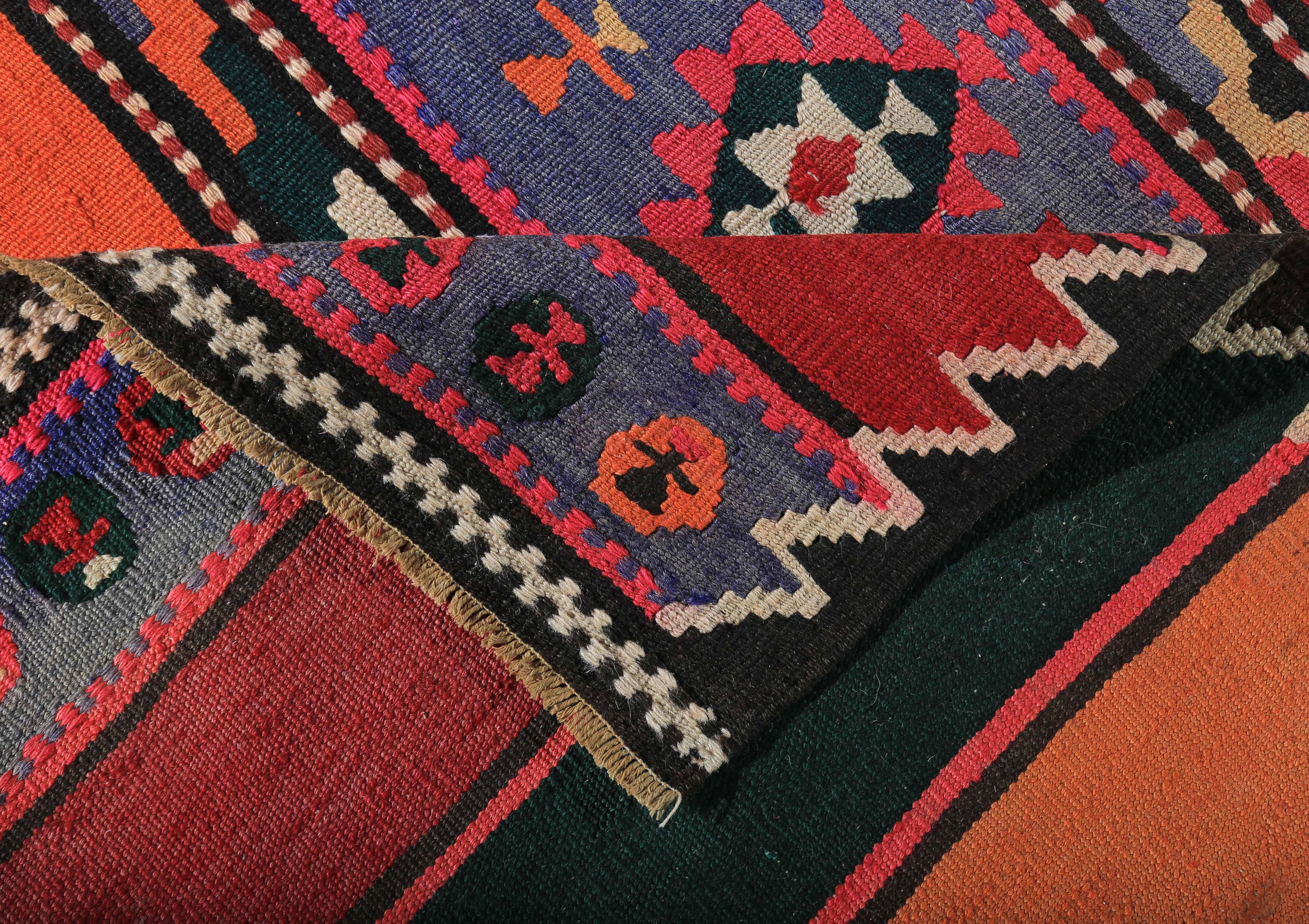 Hand-Woven Turkish Kilim Rug with Green and Red Stripes Decorated with Tribal Medallions For Sale