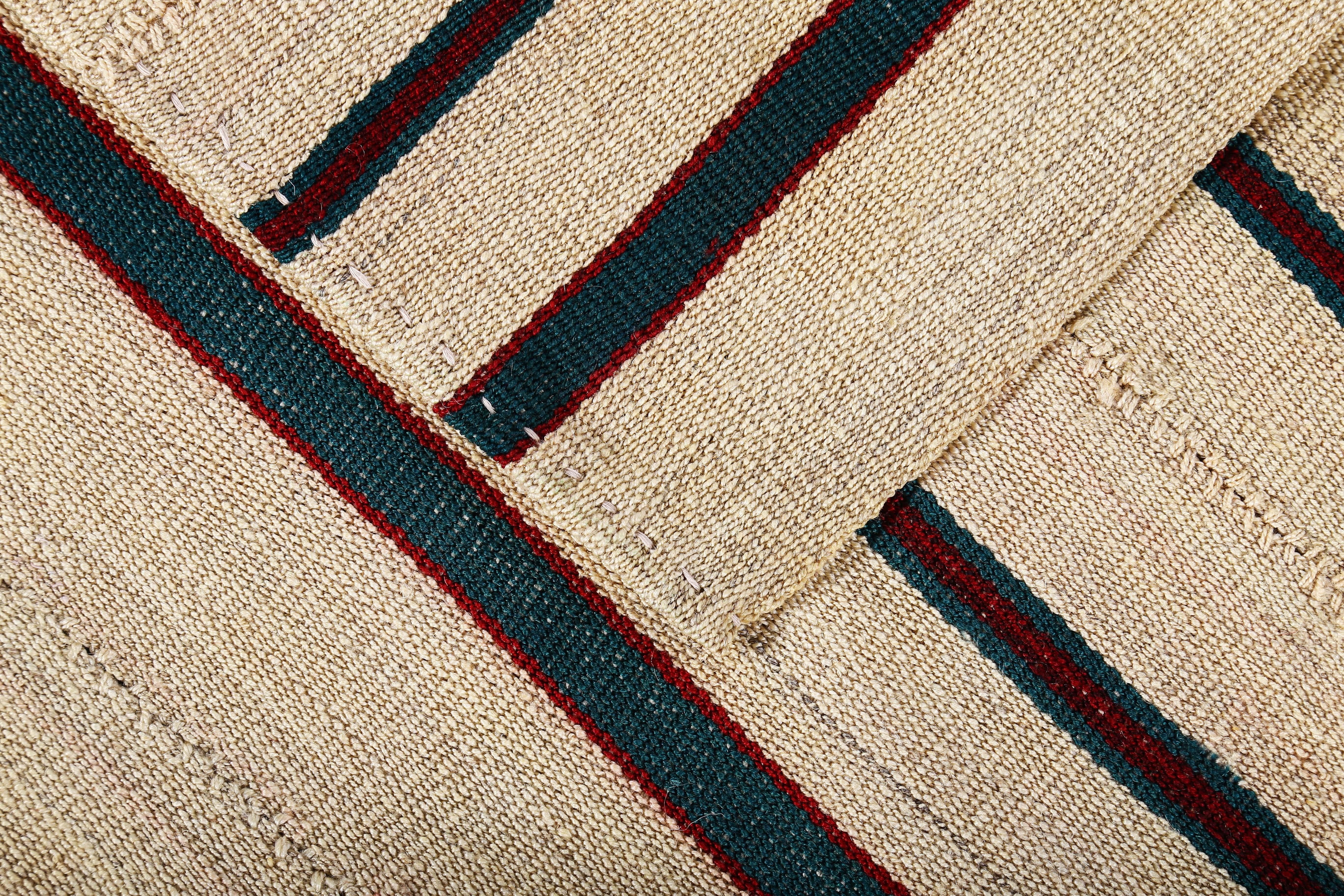 Hand-Woven Turkish Kilim Rug with Green and Red Stripes on Ivory Field For Sale
