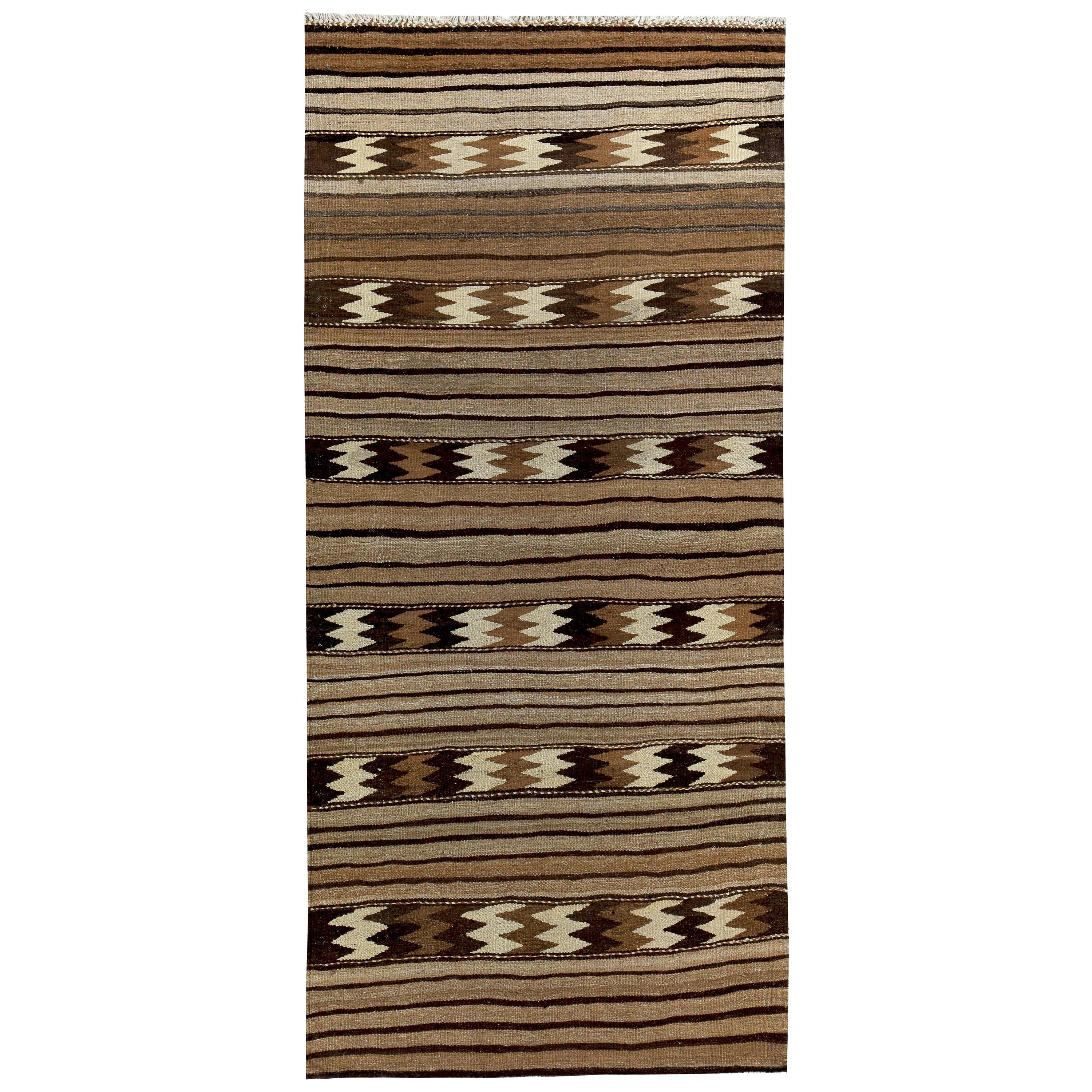 Turkish Kilim Rug with Ivory and Brown Tribal Stripes on Beige Field For Sale