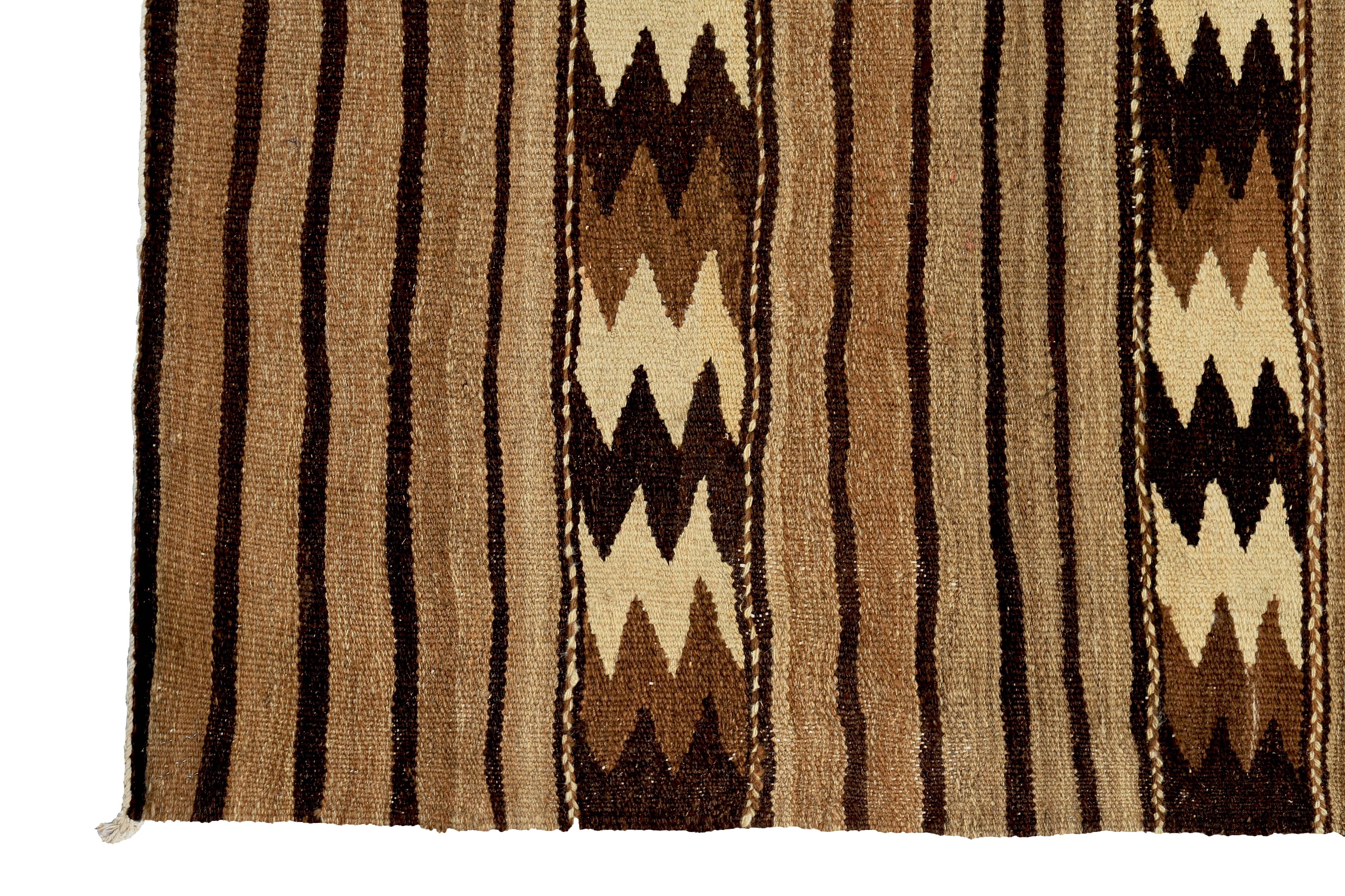 Turkish Kilim Rug with Ivory and Brown Tribal Stripes on Beige Field In New Condition For Sale In Dallas, TX
