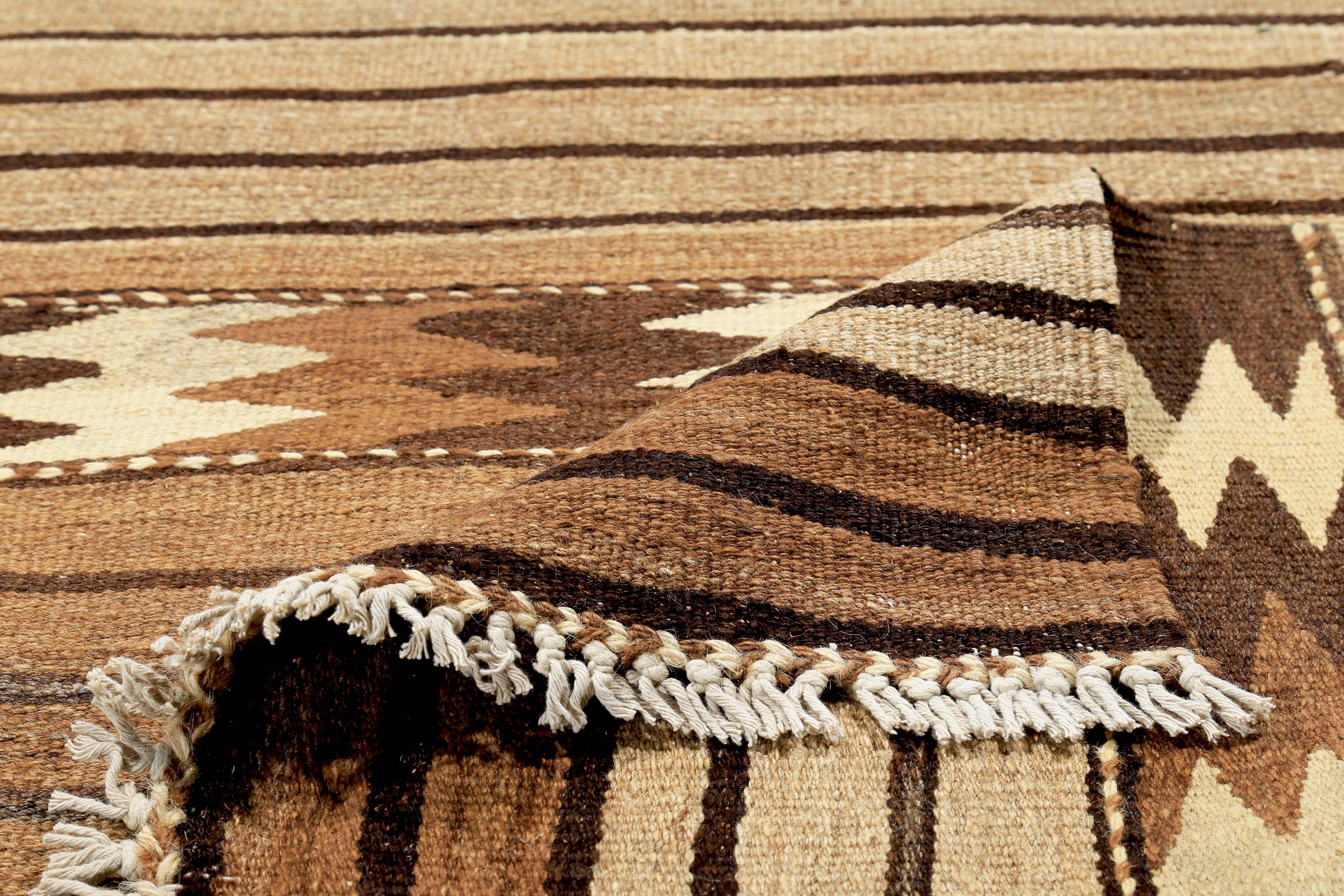 Contemporary Turkish Kilim Rug with Ivory and Brown Tribal Stripes on Beige Field For Sale