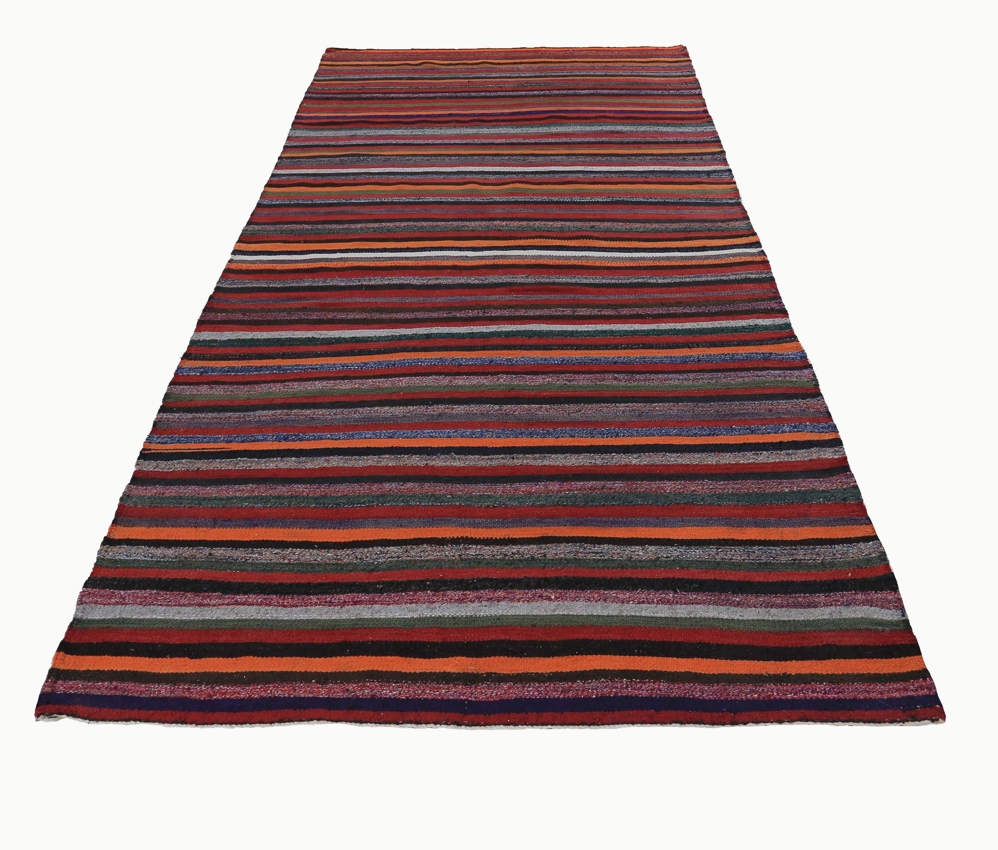 Turkish rug handwoven from the finest sheep’s wool and colored with all-natural vegetable dyes that are safe for humans and pets. It’s a traditional Kilim flat-weave design featuring tribal stripes in various colors. It’s a stunning piece to get for