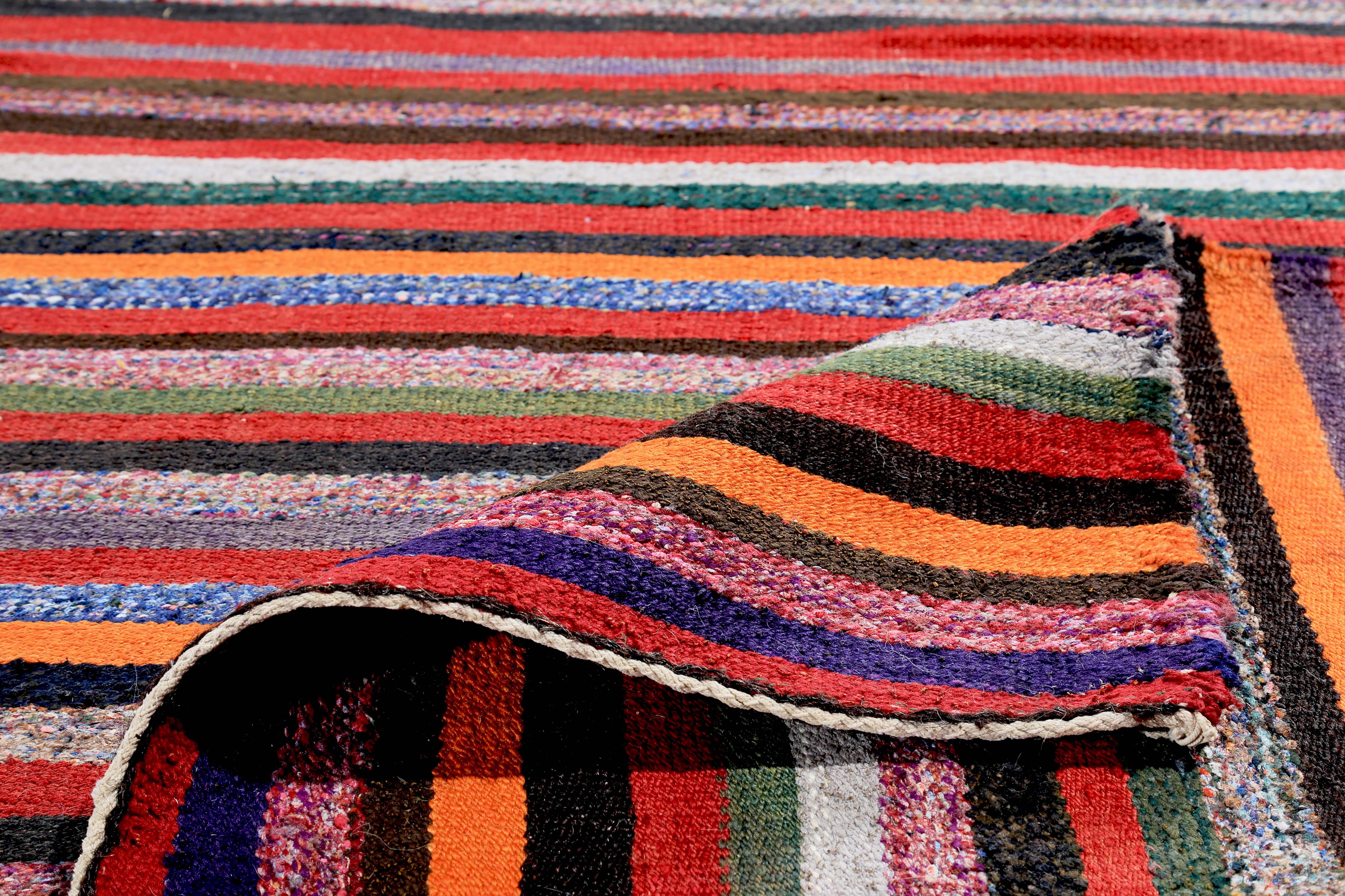 Contemporary Turkish Kilim Rug with Multicolored Tribal Stripes For Sale