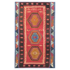 Turkish Kilim Rug with Multicolour Tribal Medallion Flatweave 1940s