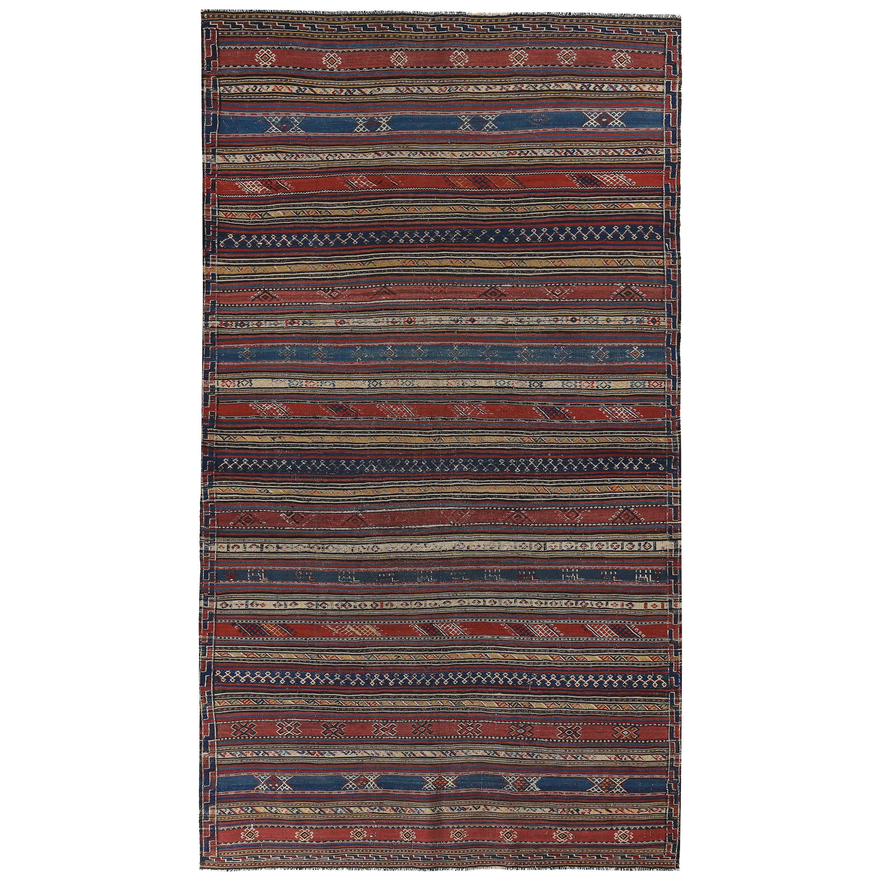 Turkish Kilim Rug with Navy and Red Stripes Decorated with Tribal Details For Sale