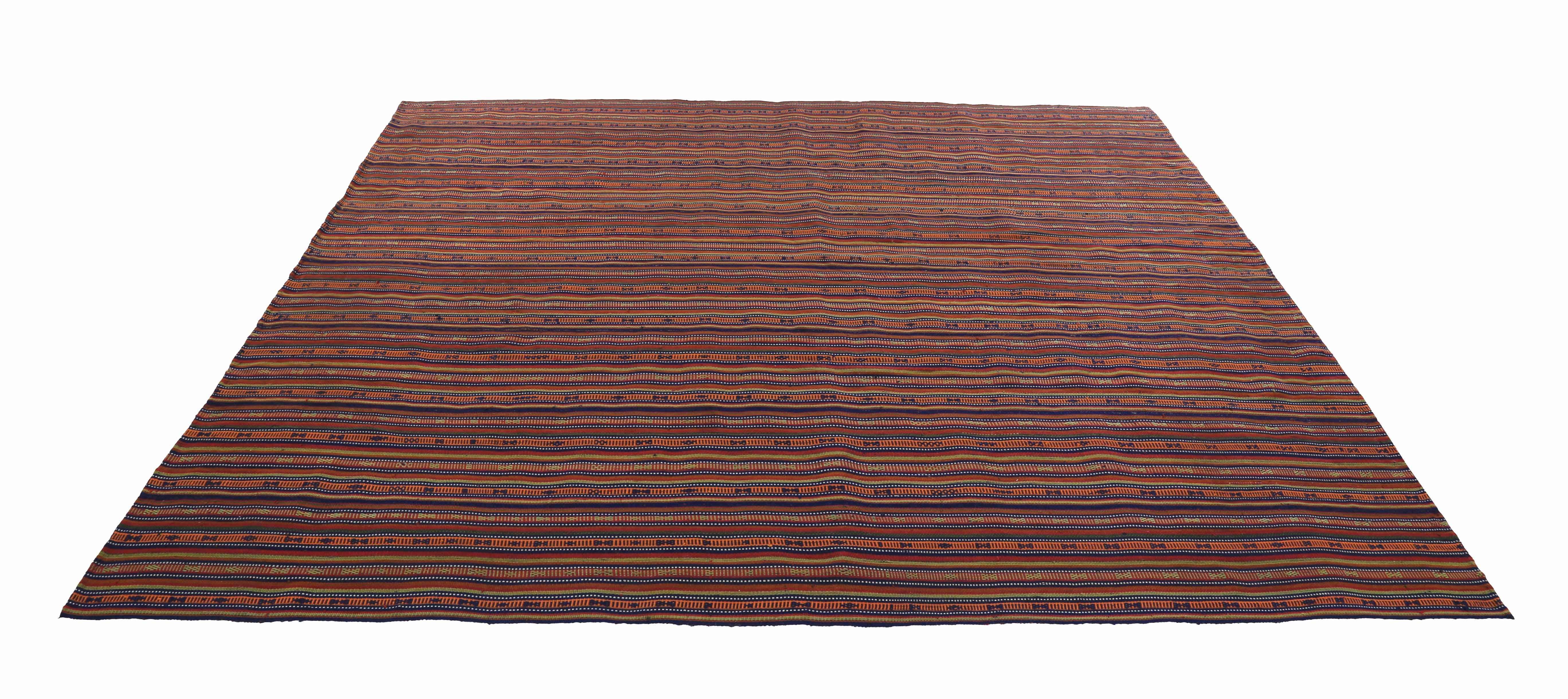 Turkish rug handwoven from the finest sheep’s wool and colored with all-natural vegetable dyes that are safe for humans and pets. It’s a traditional Kilim flat-weave design featuring navy, green and brown tribal stripes and patterns. It’s a stunning