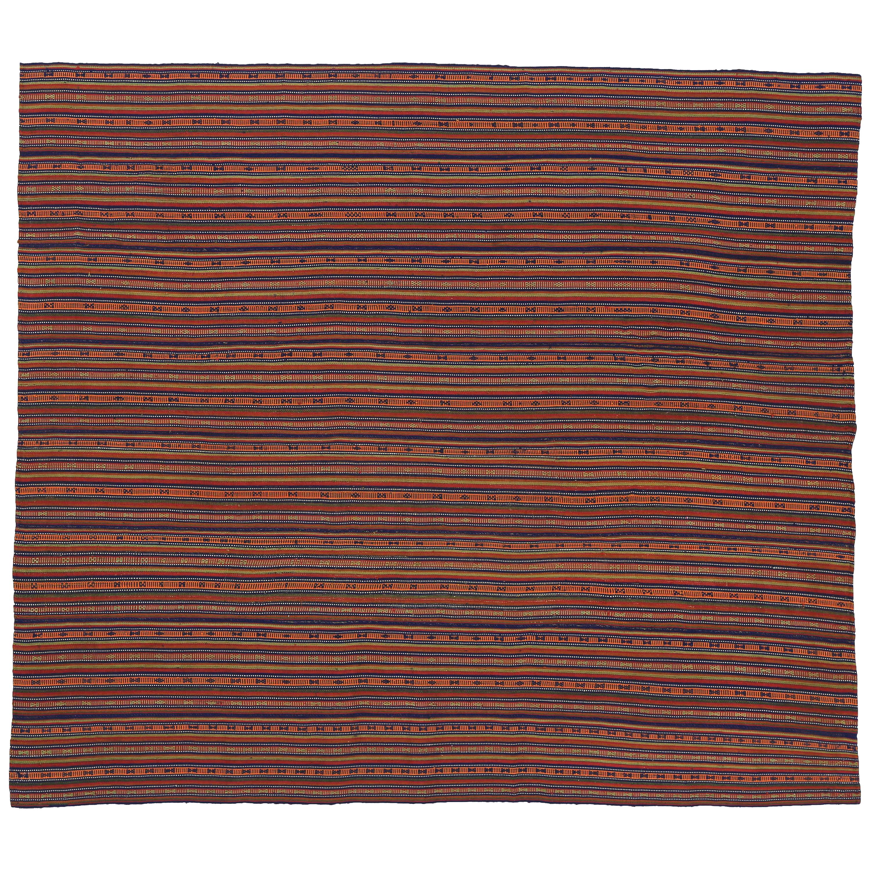 Turkish Kilim Rug with Navy, Brown and Green Tribal Stripes and Patterns