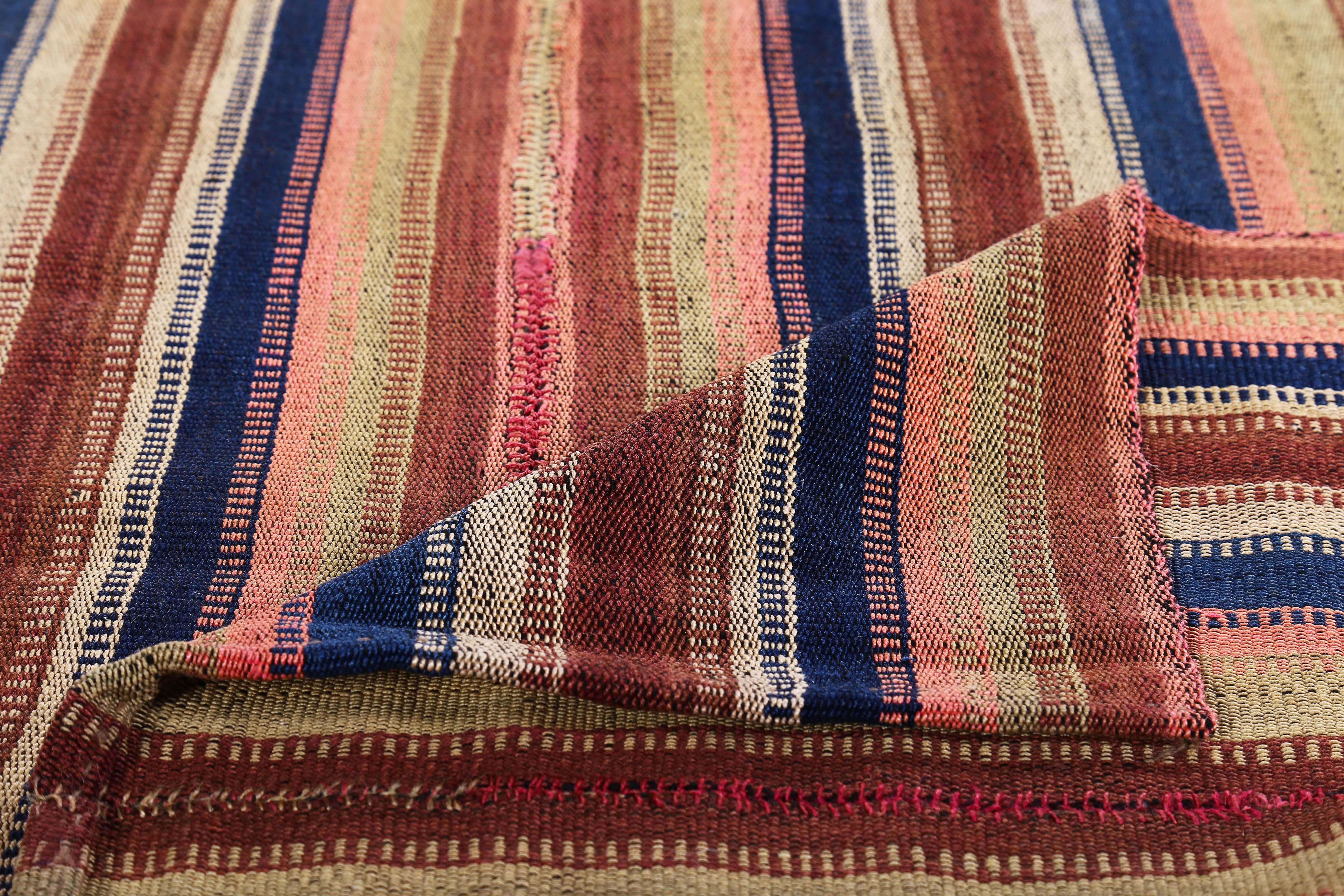 Turkish Kilim Rug with Navy, Brown and Pink Stripes on Ivory Field In New Condition For Sale In Dallas, TX