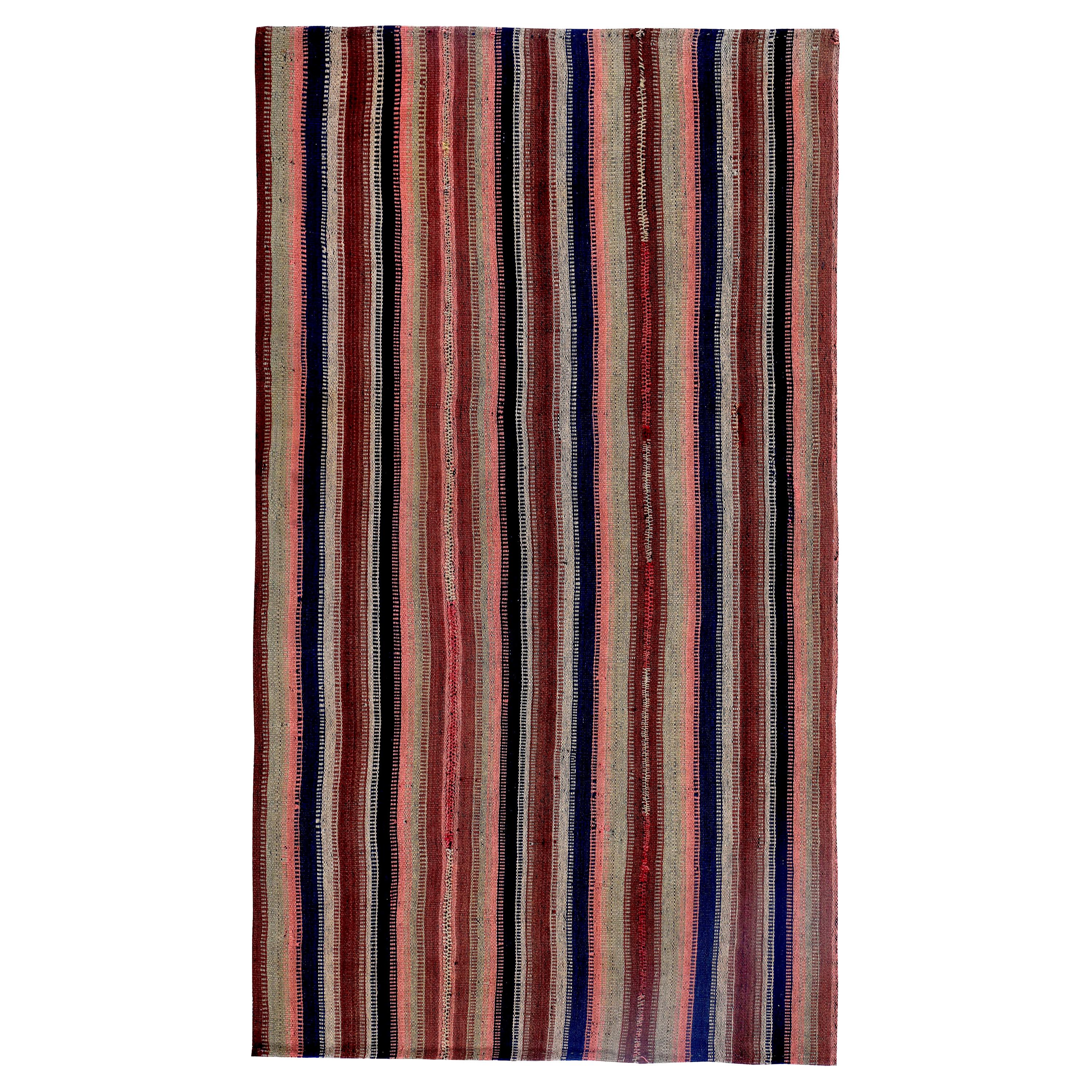 Turkish Kilim Rug with Navy, Brown and Pink Stripes on Ivory Field