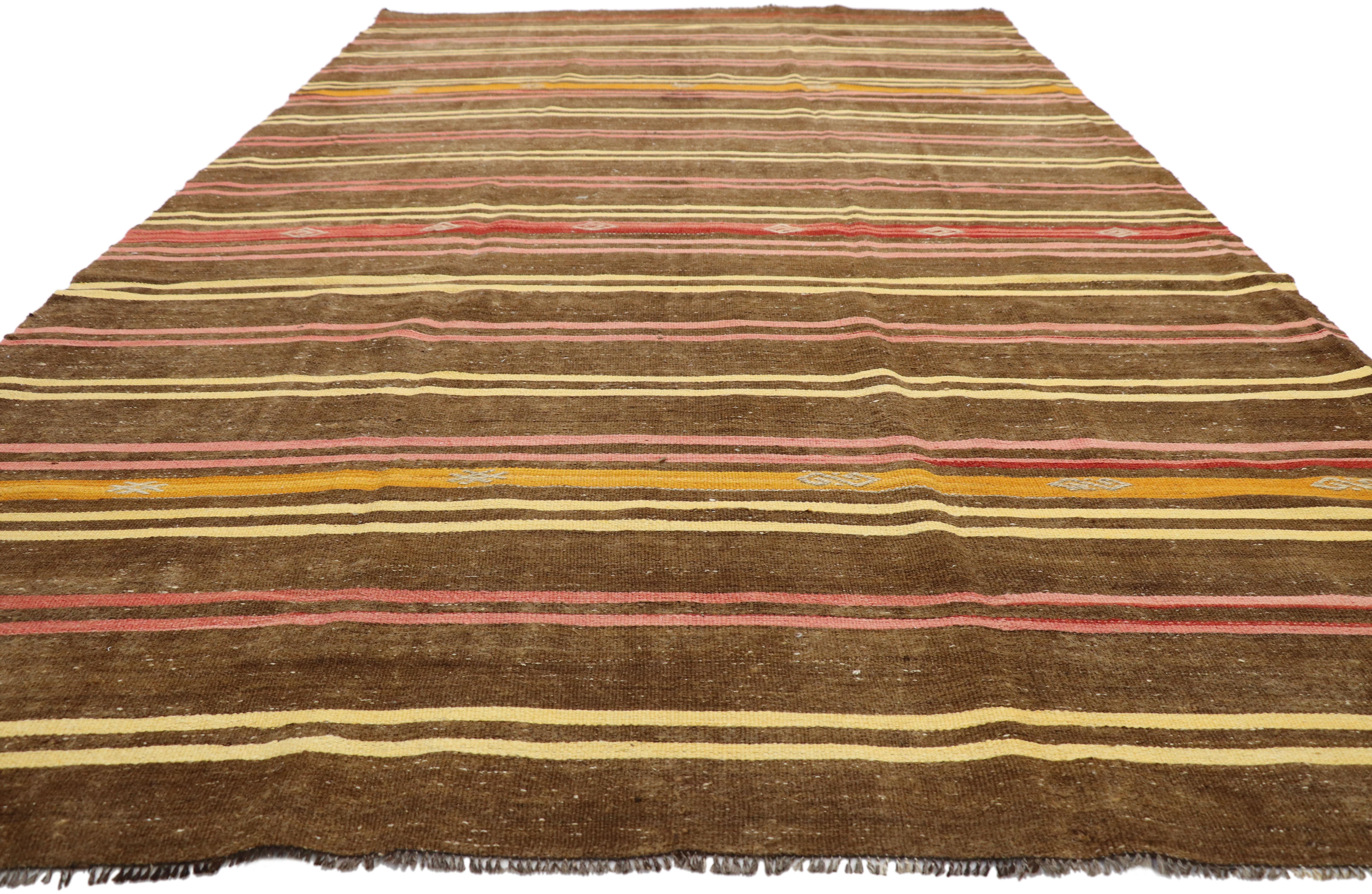 Hand-Woven Vintage Turkish Kilim Rug with Bohemian Tribal Design and Modern Cabin Style For Sale