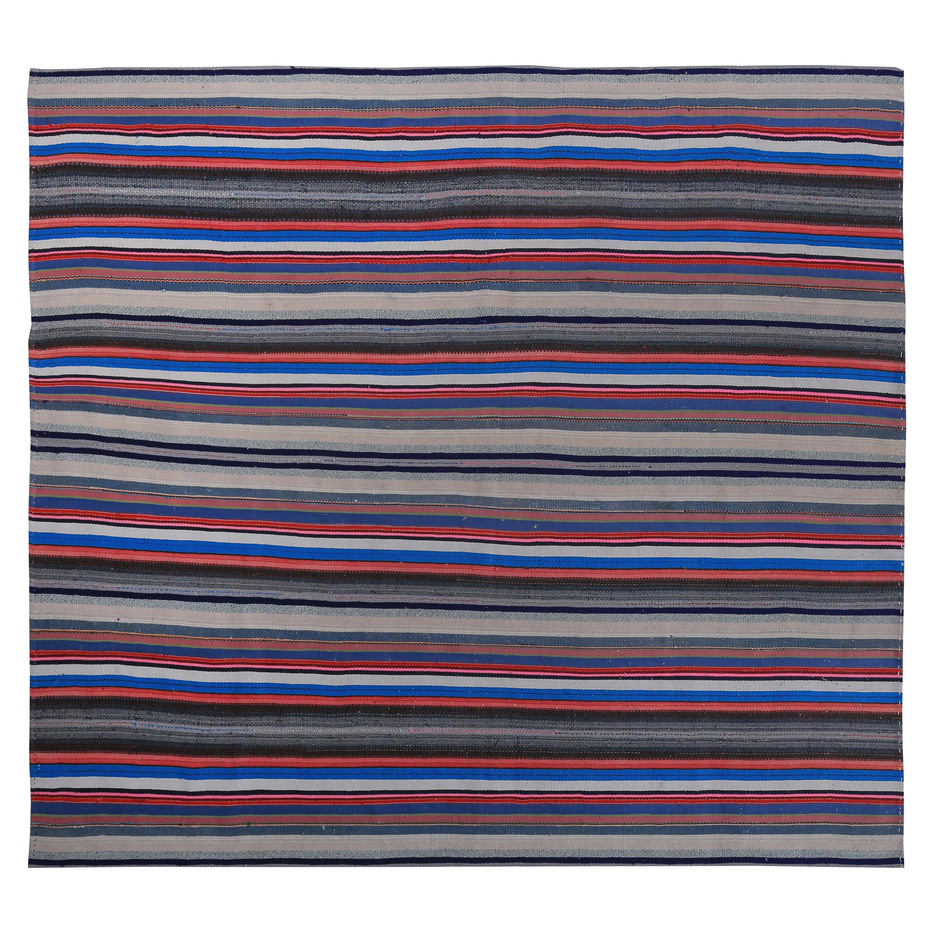 Turkish Kilim Rug with White, Blue and Red Stripes on Gray Field