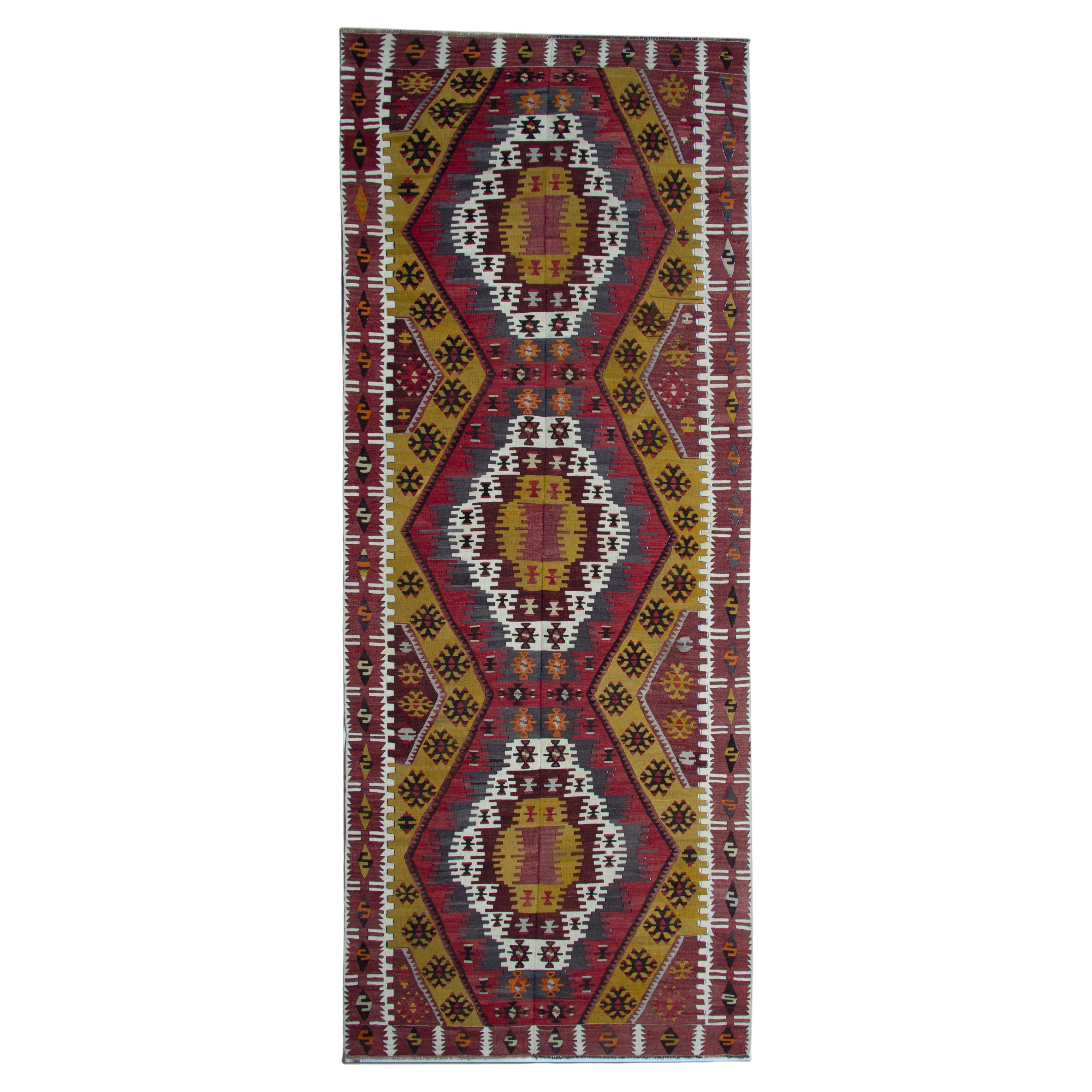 Turkish Kilim Rugs, Antique Runner Rug, Gold Rug Stair Runner Handmade Carpet For Sale