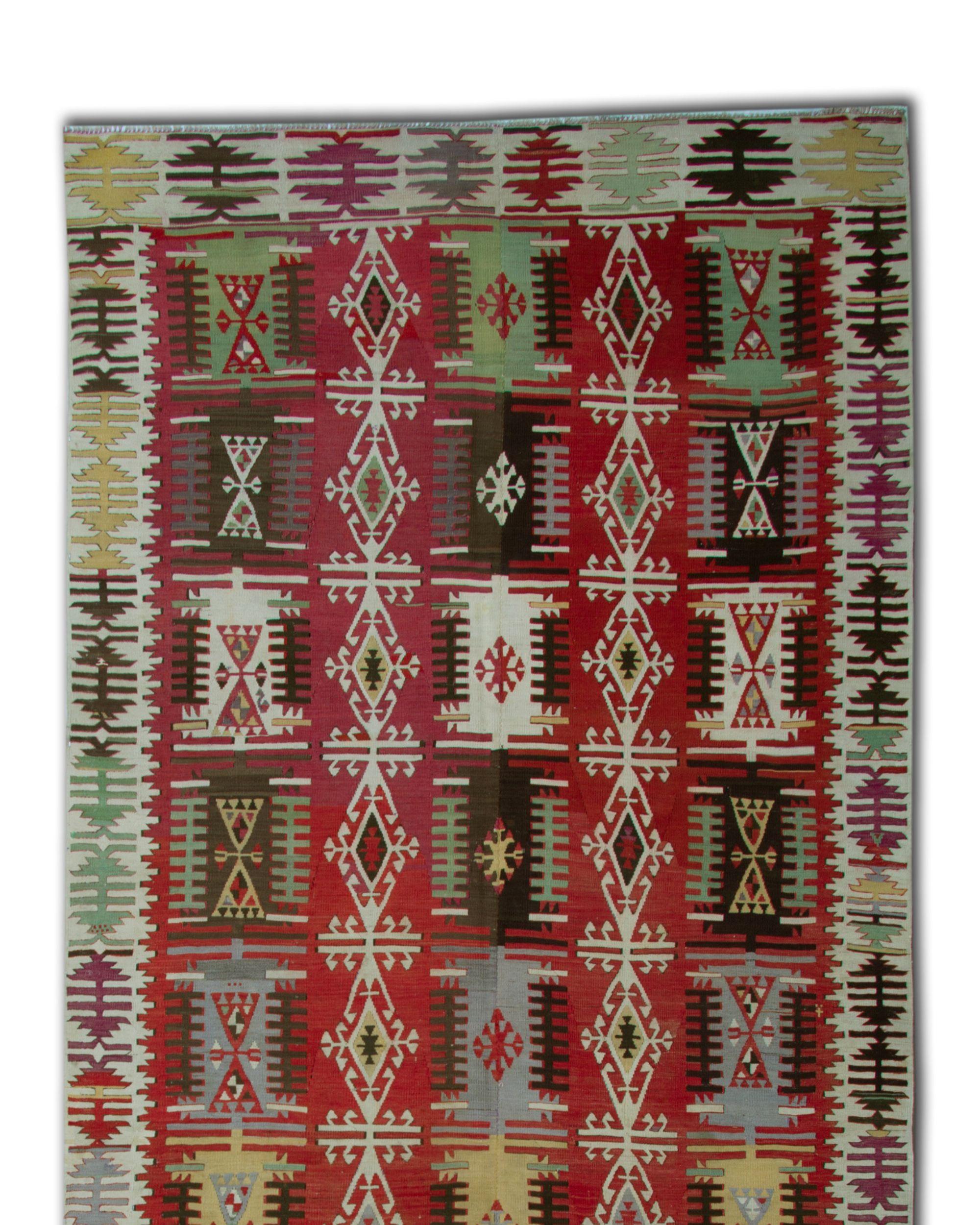 Türkischer Kelim Läufer 1890er Jahre Tribal Geometrische Wolle Flachgewebe 390x163cm (Hollywood Regency) im Angebot
