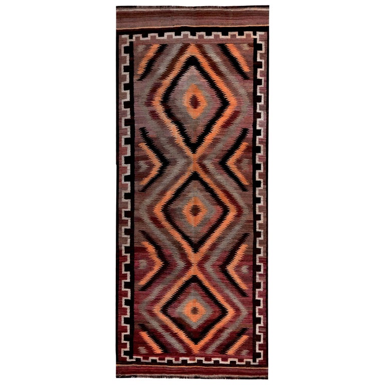 Turkish Kilim Runner Rug in Orange, Brown and Black FlatWeave Pattern