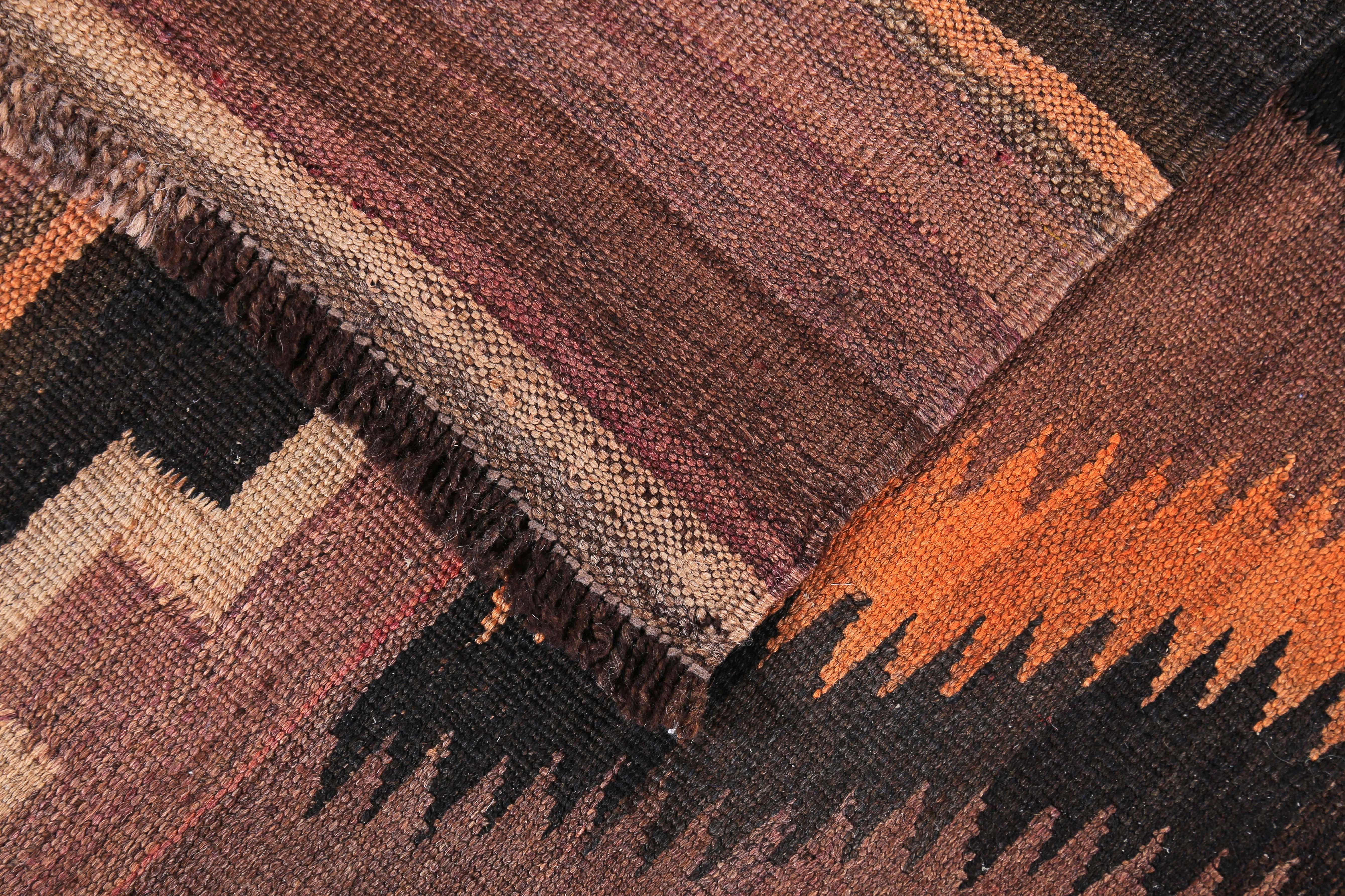 Hand-Woven Turkish Kilim Runner Rug in Orange, Brown and Black Flat-Weave Pattern For Sale