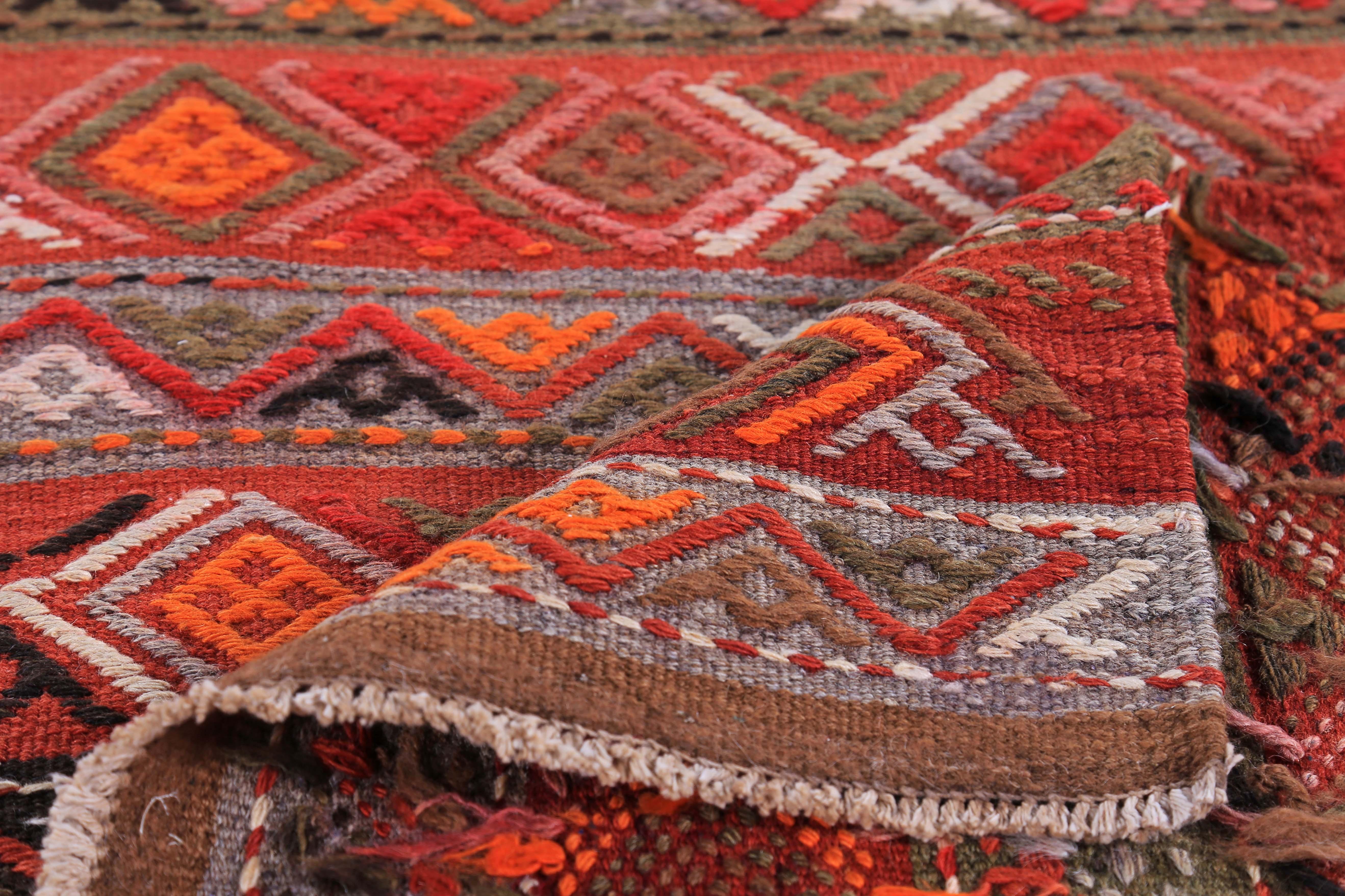 Hand-Woven Turkish Kilim Runner Rug Stripes with Orange, Blue, Red & Black Tribal Diamonds For Sale