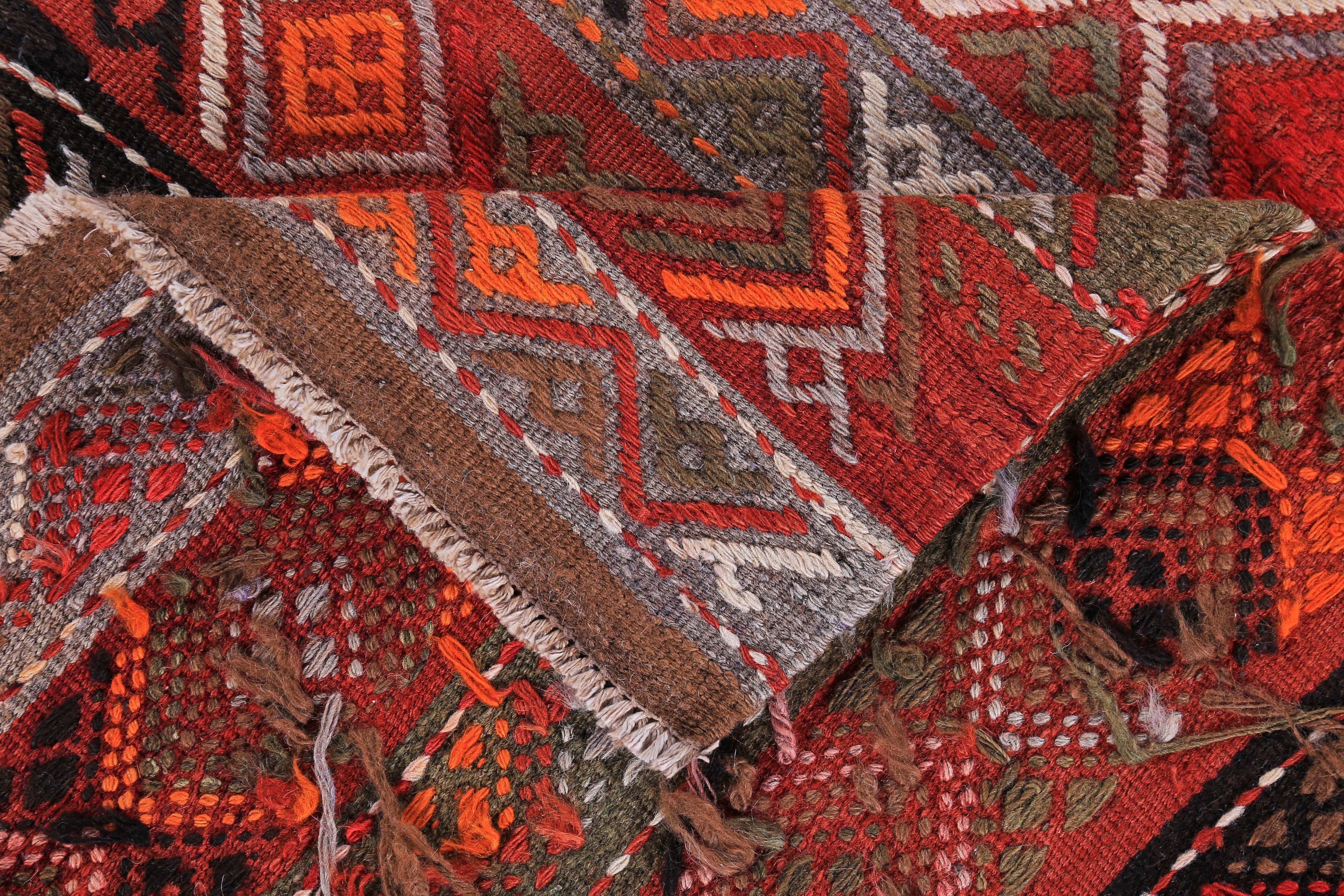 Contemporary Turkish Kilim Runner Rug Stripes with Orange, Blue, Red & Black Tribal Diamonds For Sale