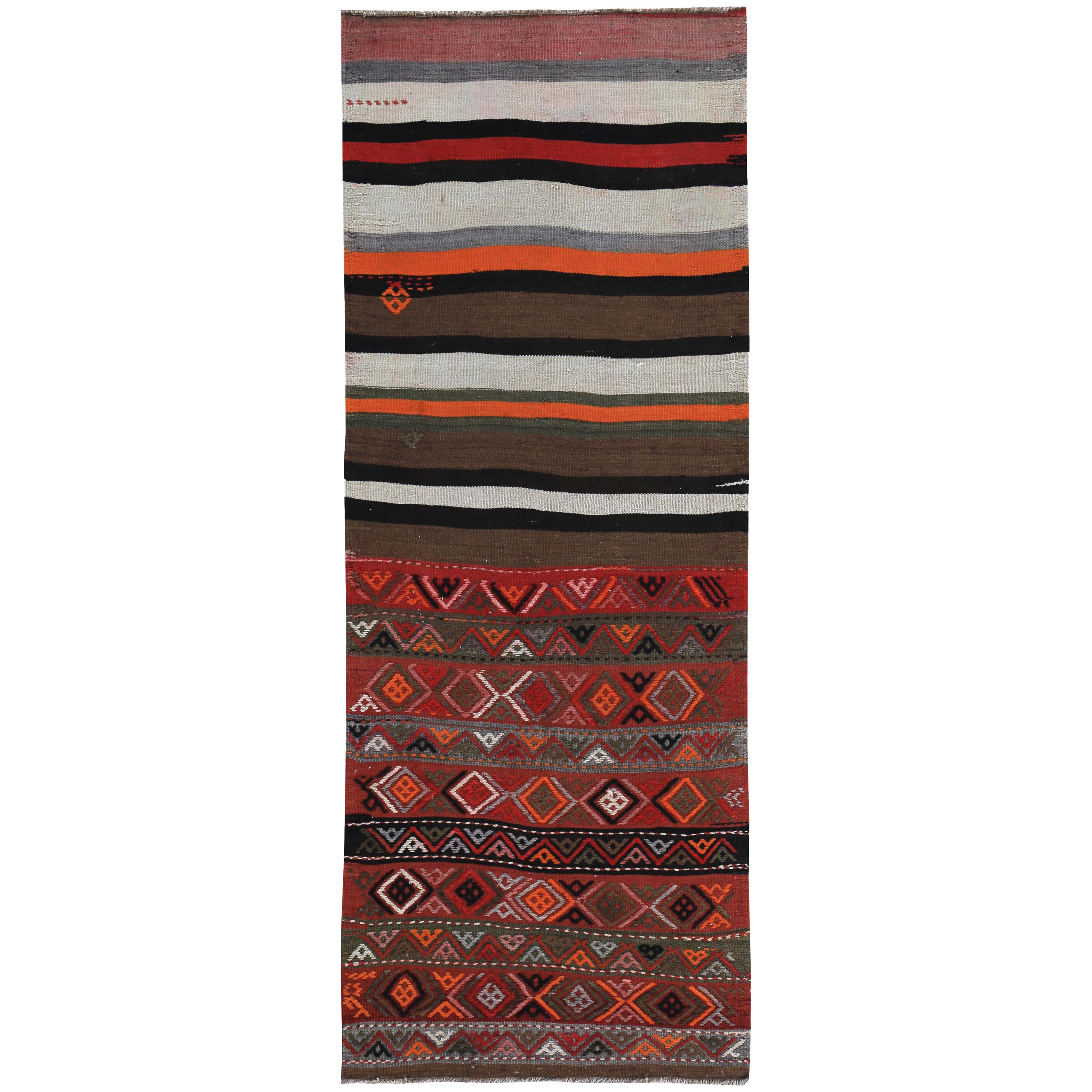 Turkish Kilim Runner Rug Stripes with Orange, Blue, Red & Black Tribal Diamonds For Sale