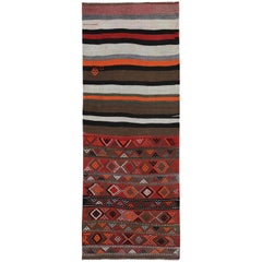 Turkish Kilim Runner Rug Stripes with Orange, Blue, Red & Black Tribal Diamonds