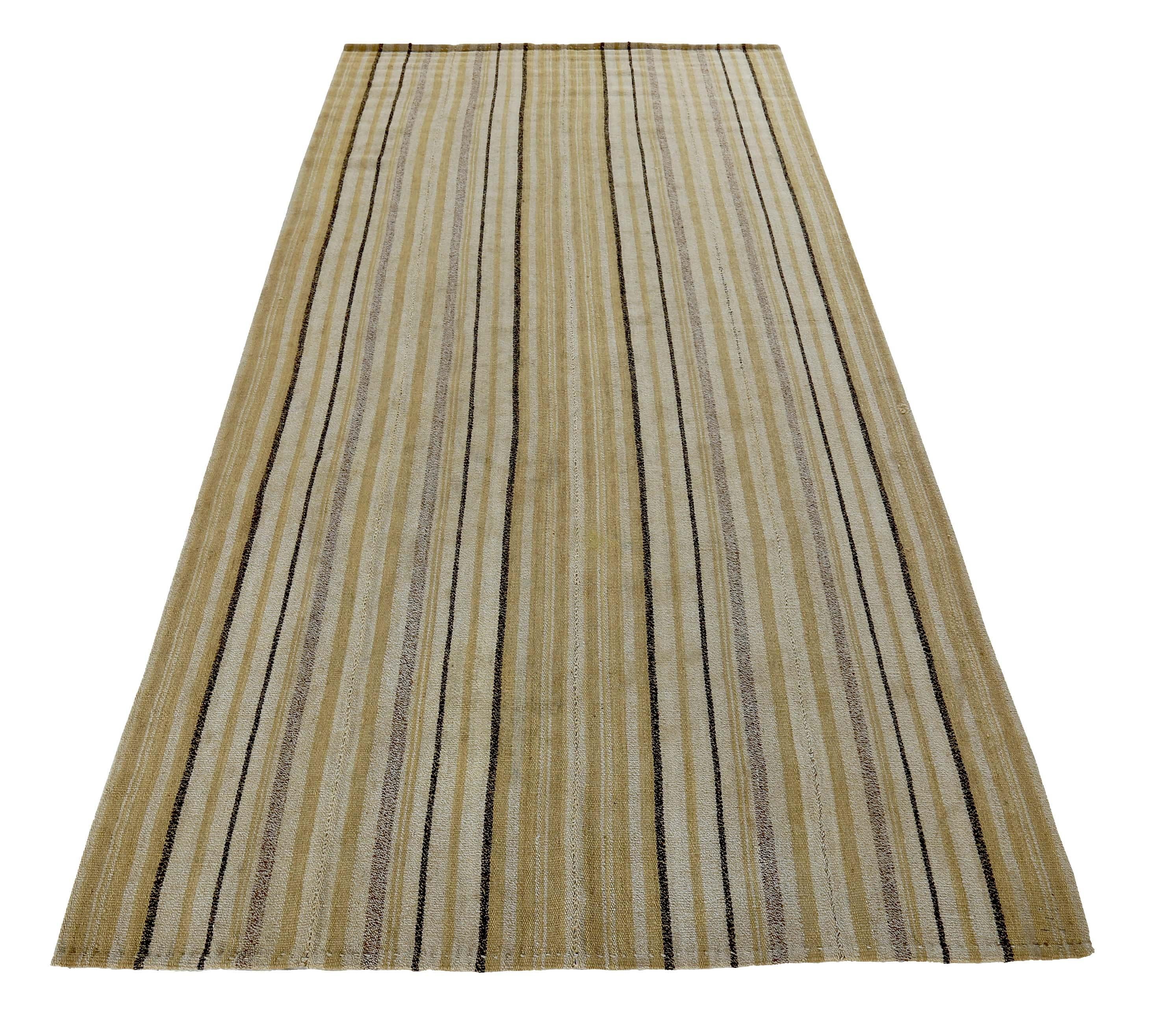 Turkish rug handwoven from the finest sheep’s wool and colored with all-natural vegetable dyes that are safe for humans and pets. It’s a traditional Kilim flat-weave design featuring black and ivory stripes over a lovely beige field. It’s a stunning